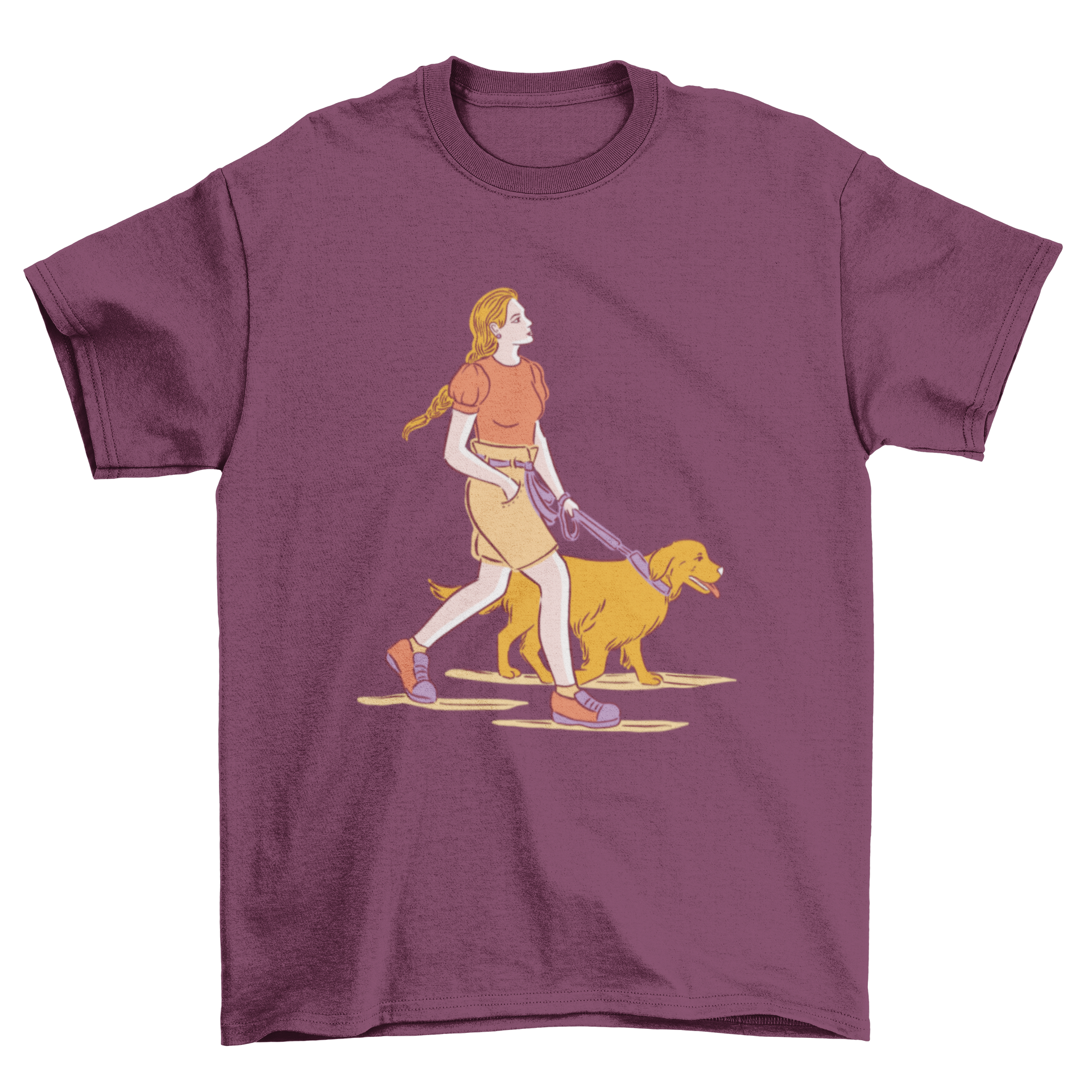 A charming t-shirt design featuring a girl walking her dog, showcasing a joyful bond between them.