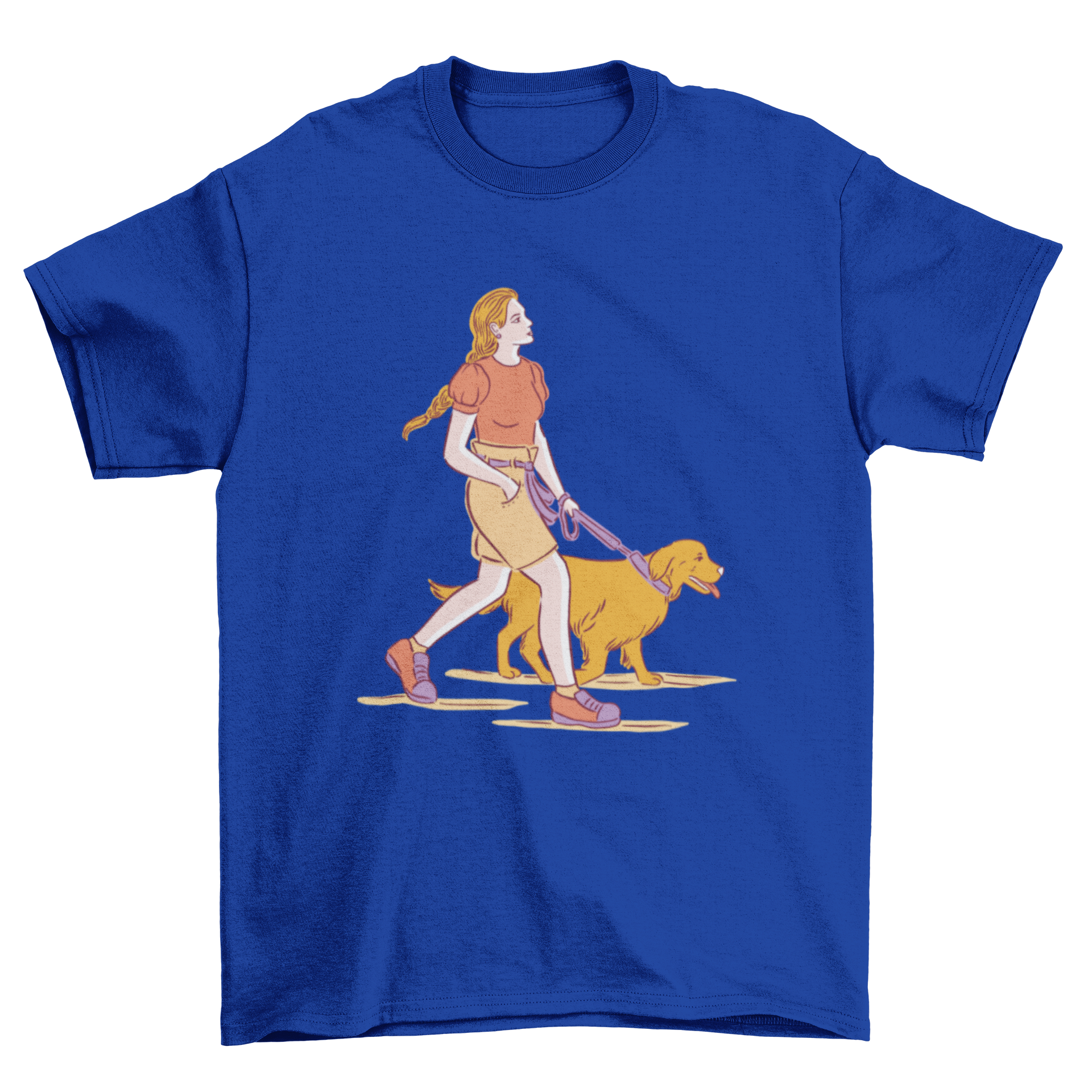 A charming t-shirt design featuring a girl walking her dog, showcasing a joyful bond between them.