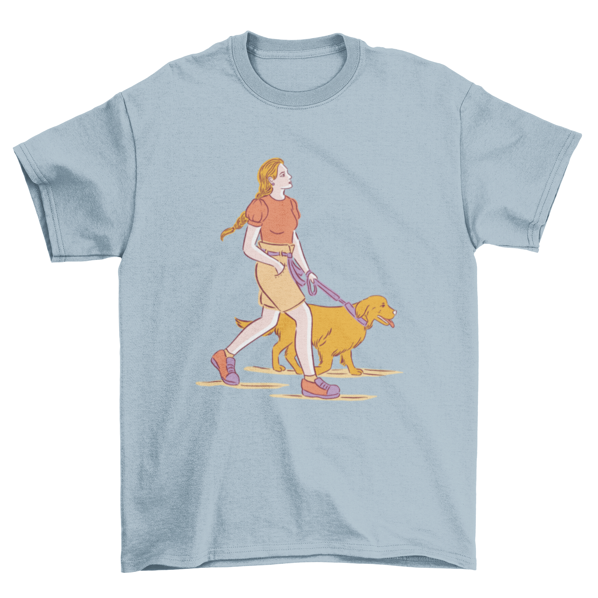 A charming t-shirt design featuring a girl walking her dog, showcasing a joyful bond between them.