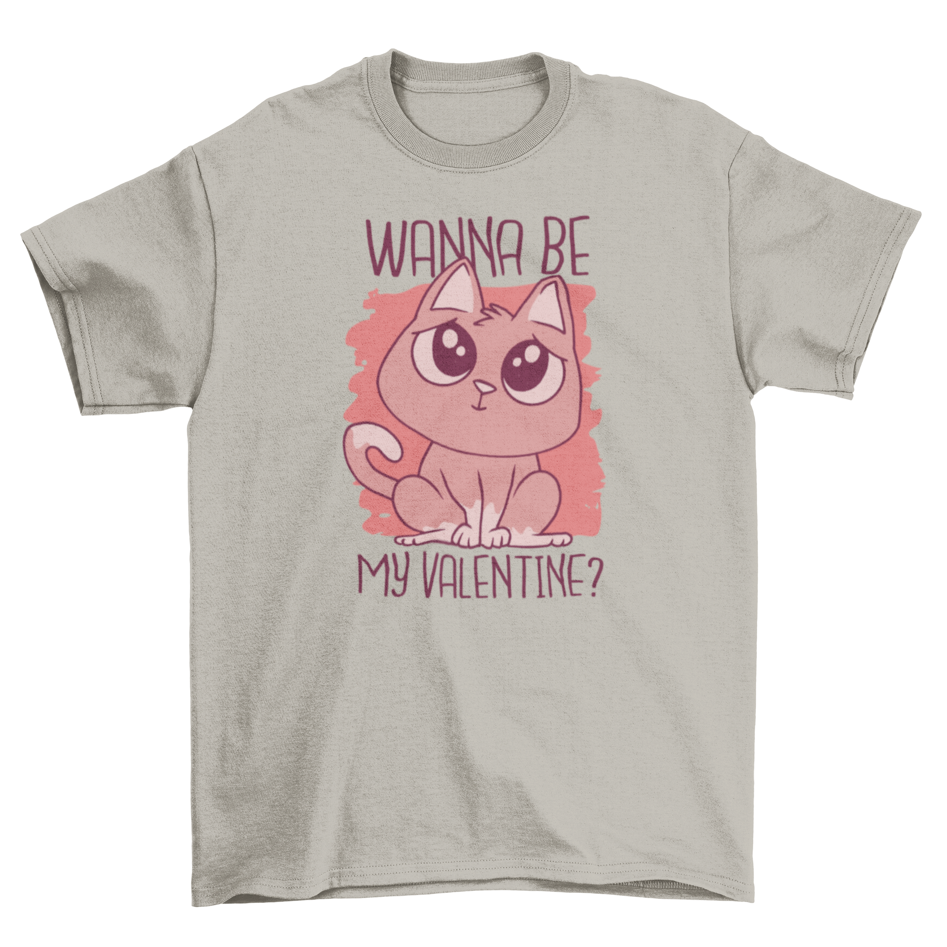 A stylish t-shirt featuring a cute cat design with the text 'Wanna be my valentine' in a playful font.