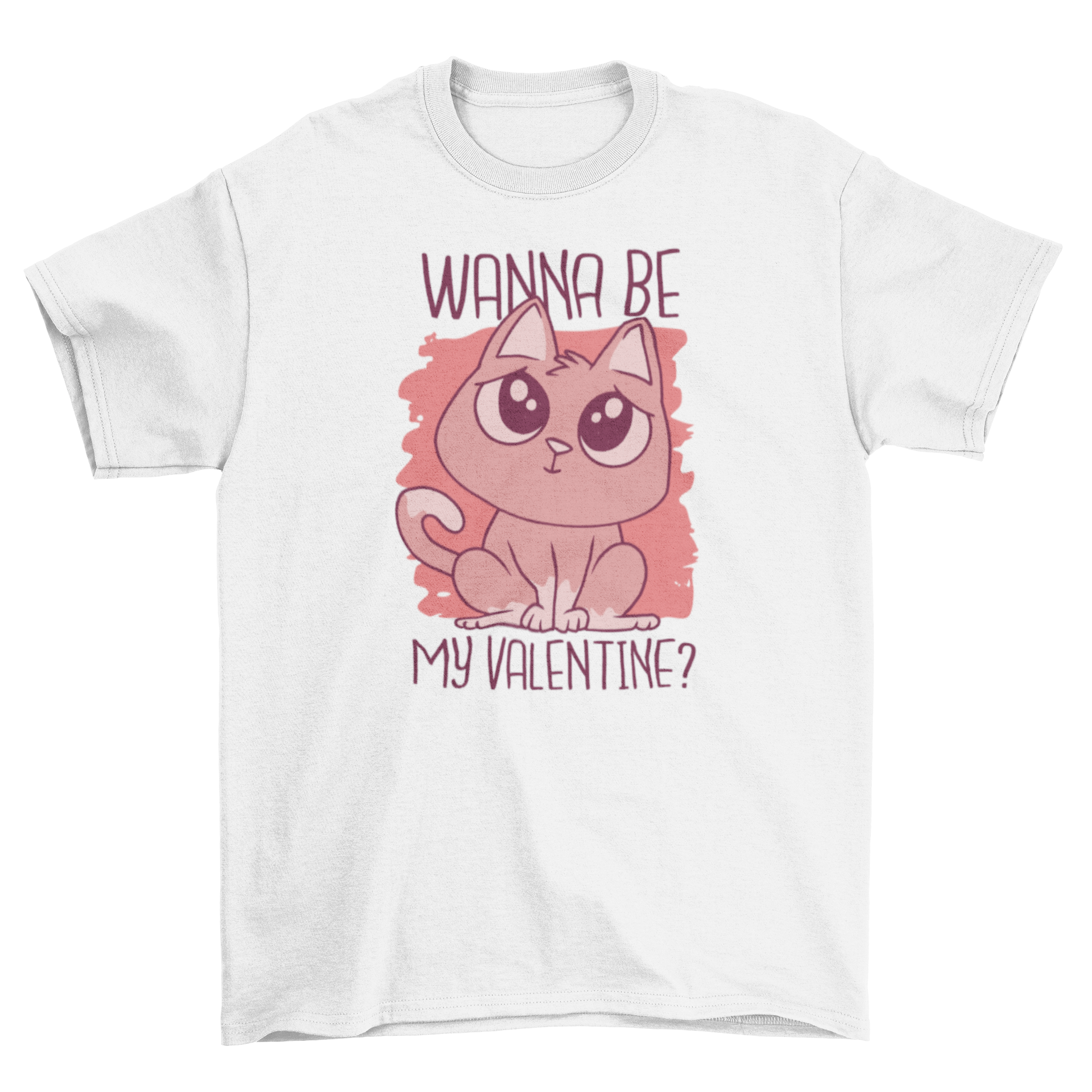 A stylish t-shirt featuring a cute cat design with the text 'Wanna be my valentine' in a playful font.