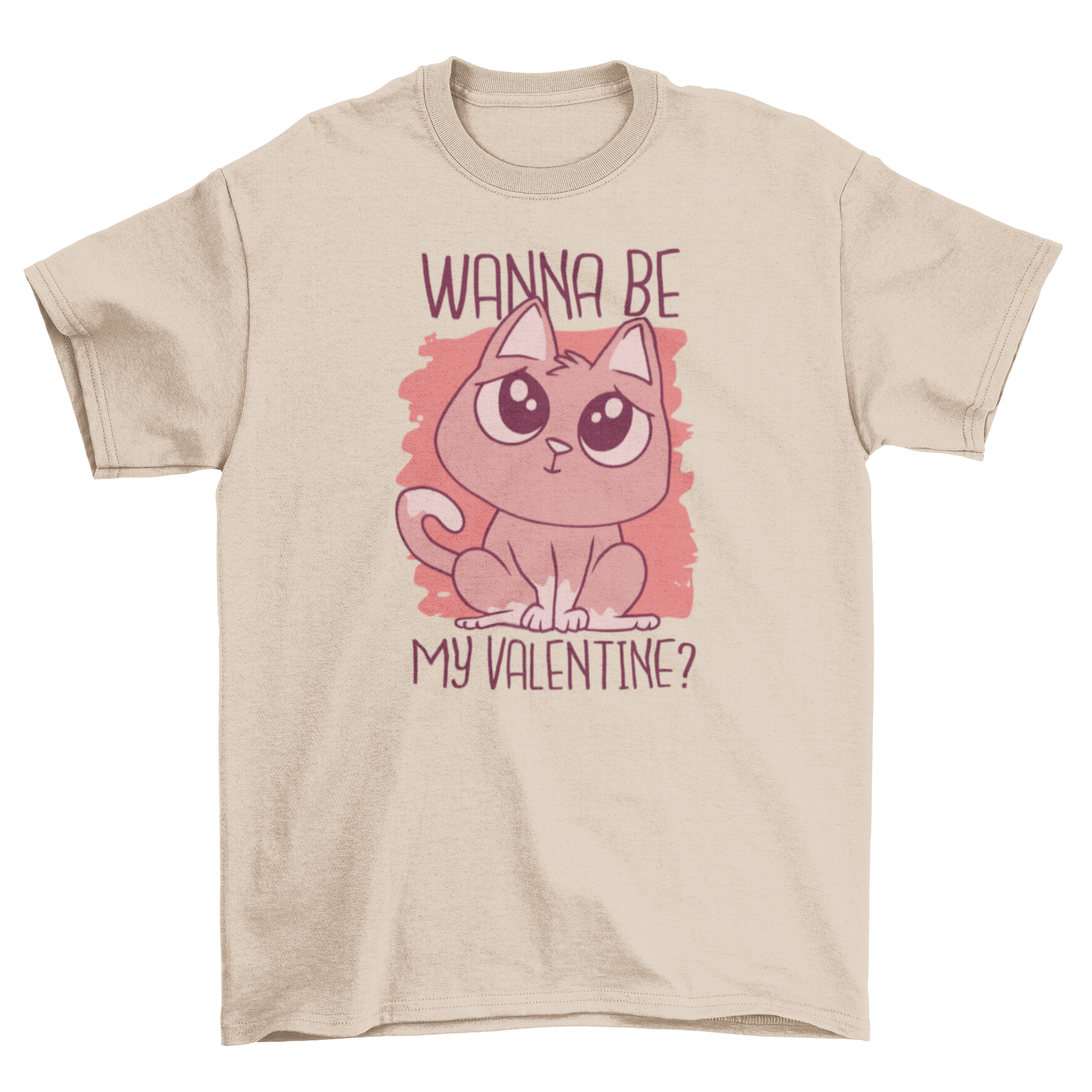 A stylish t-shirt featuring a cute cat design with the text 'Wanna be my valentine' in a playful font.