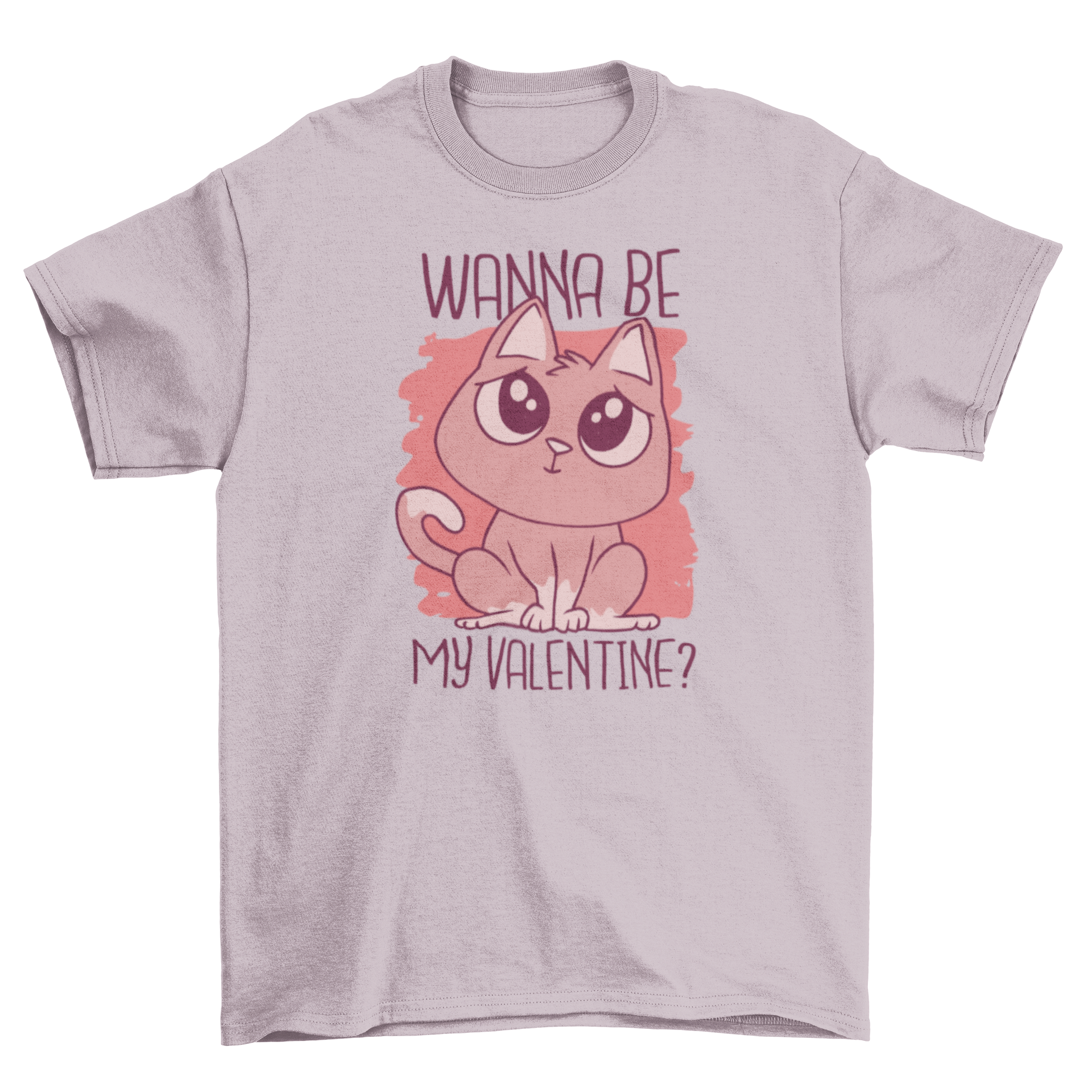 A stylish t-shirt featuring a cute cat design with the text 'Wanna be my valentine' in a playful font.