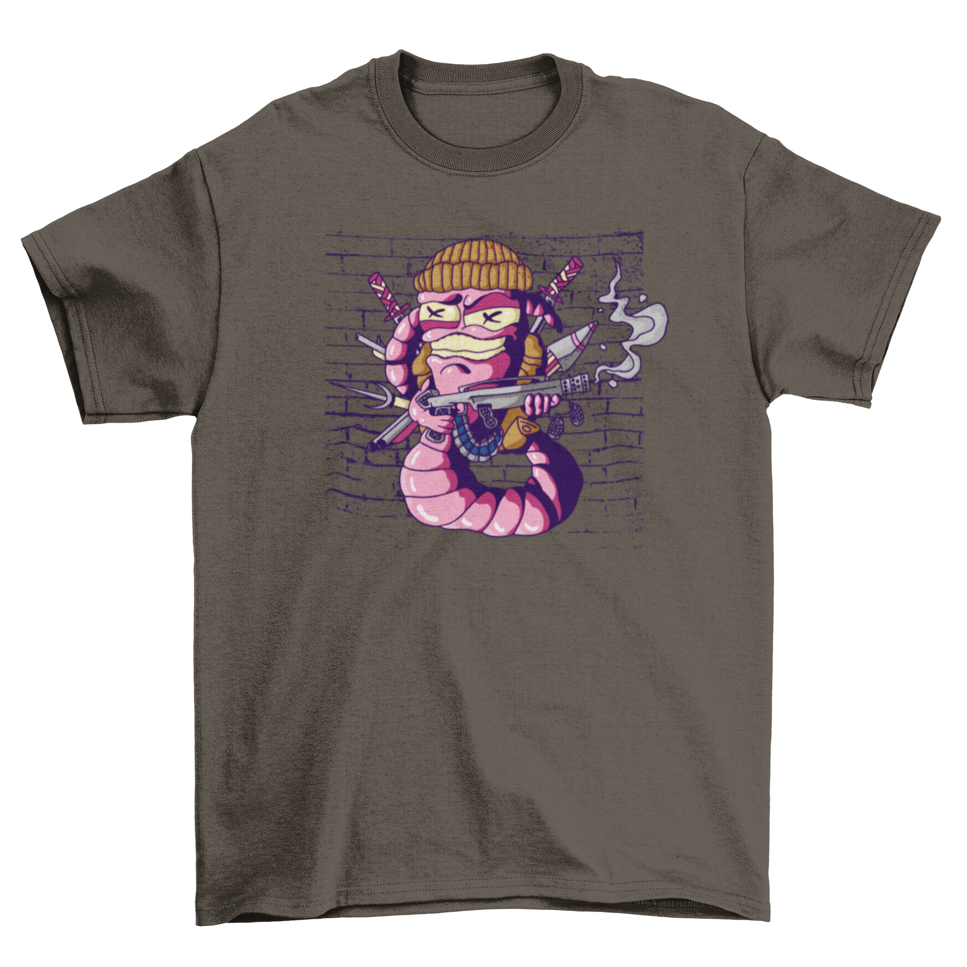 War Worm T-Shirt featuring a colorful worm with various weapons, showcasing a unique and playful design.