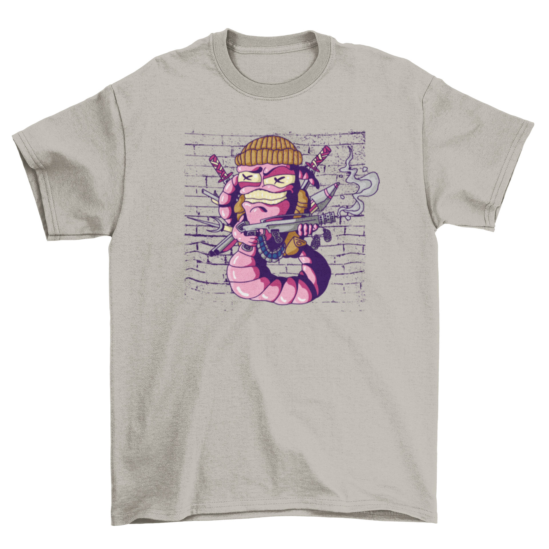 War Worm T-Shirt featuring a colorful worm with various weapons, showcasing a unique and playful design.