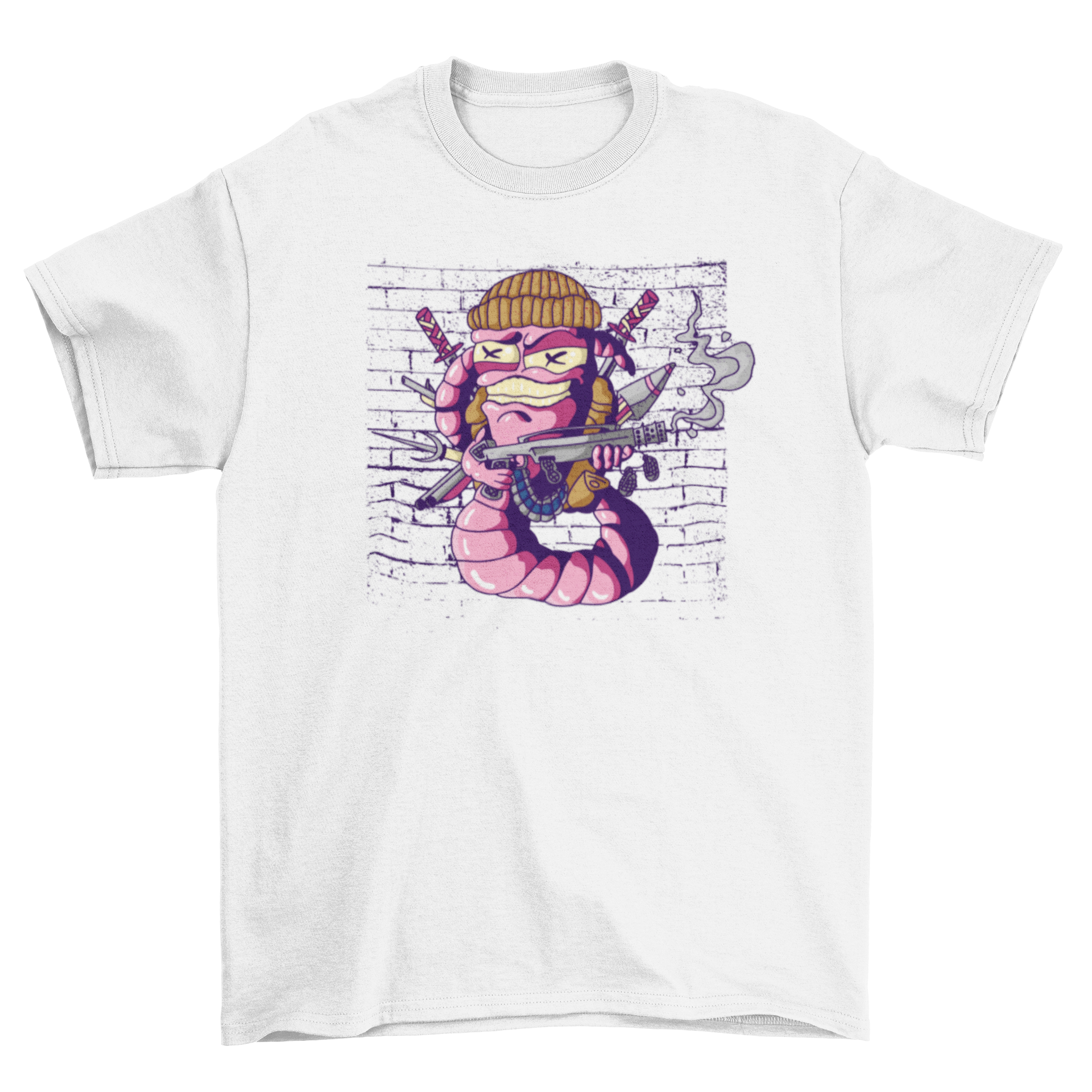 War Worm T-Shirt featuring a colorful worm with various weapons, showcasing a unique and playful design.