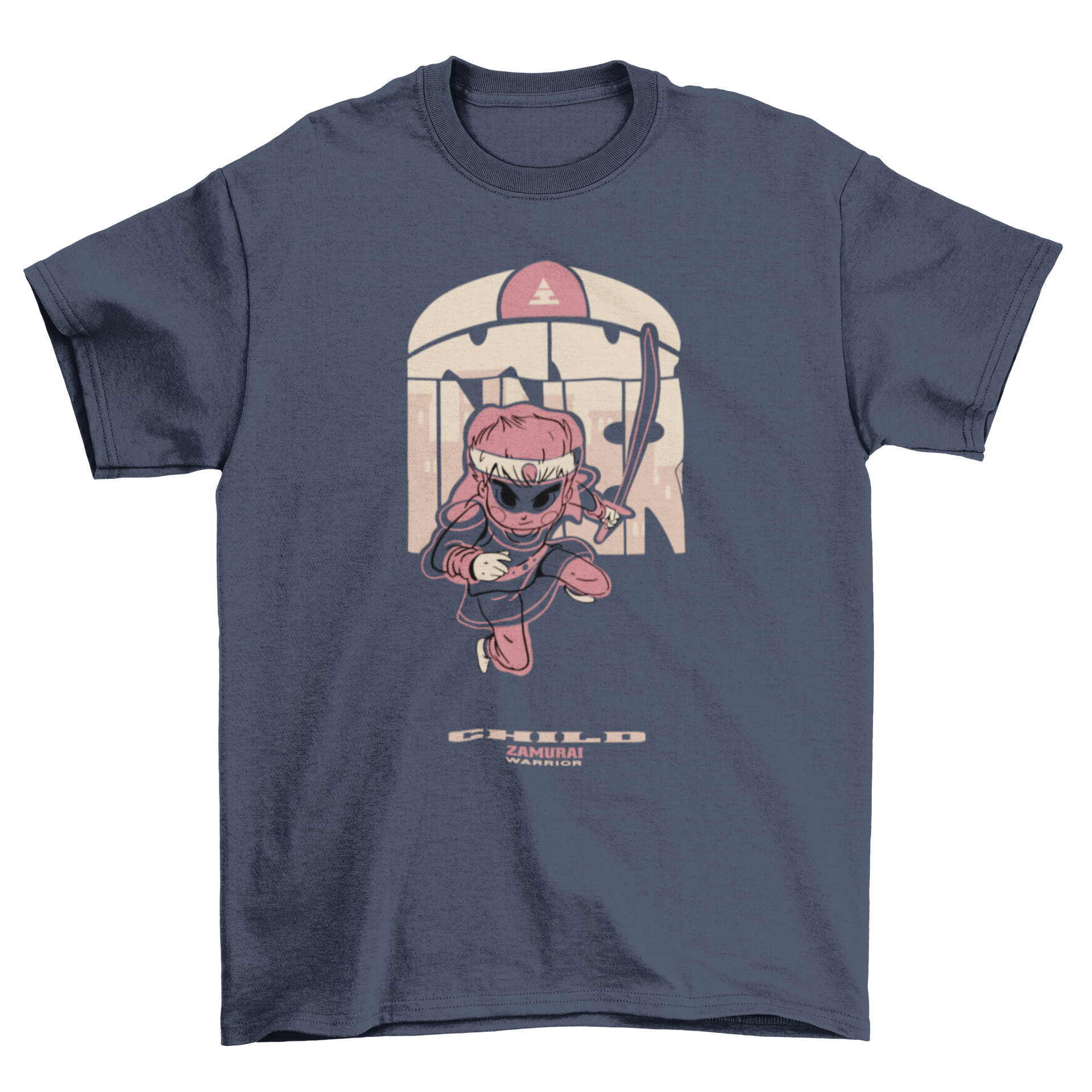 A vibrant t-shirt featuring a kid dressed in warrior clothes, wearing a headband and holding a sword, perfect for adventurous children.