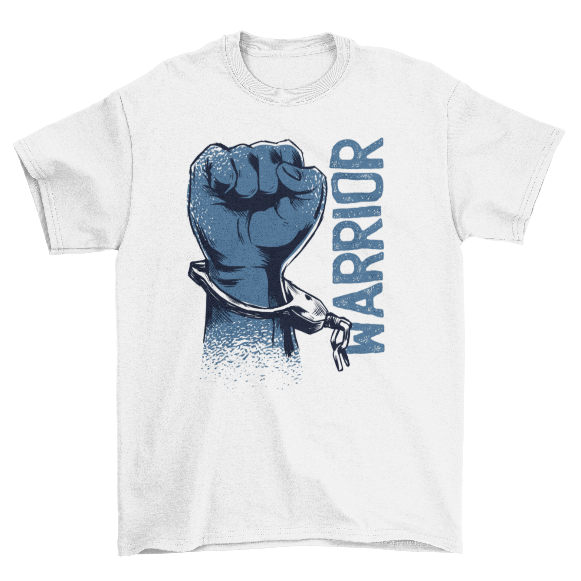 Warrior Fist T-Shirt featuring a handcuffed fist illustration and the word 'WARRIOR' next to it, symbolizing strength and resilience.