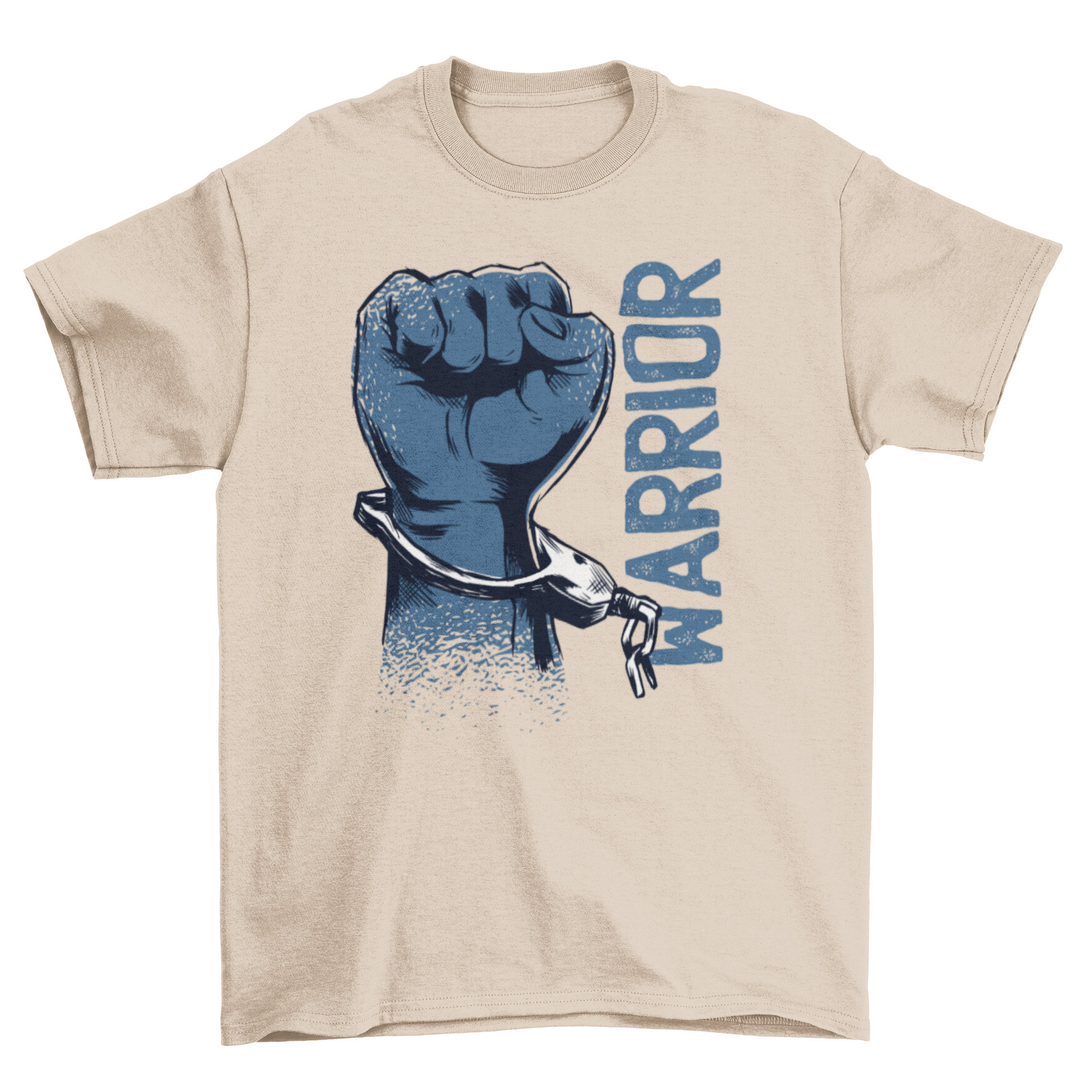 Warrior Fist T-Shirt featuring a handcuffed fist illustration and the word 'WARRIOR' next to it, symbolizing strength and resilience.