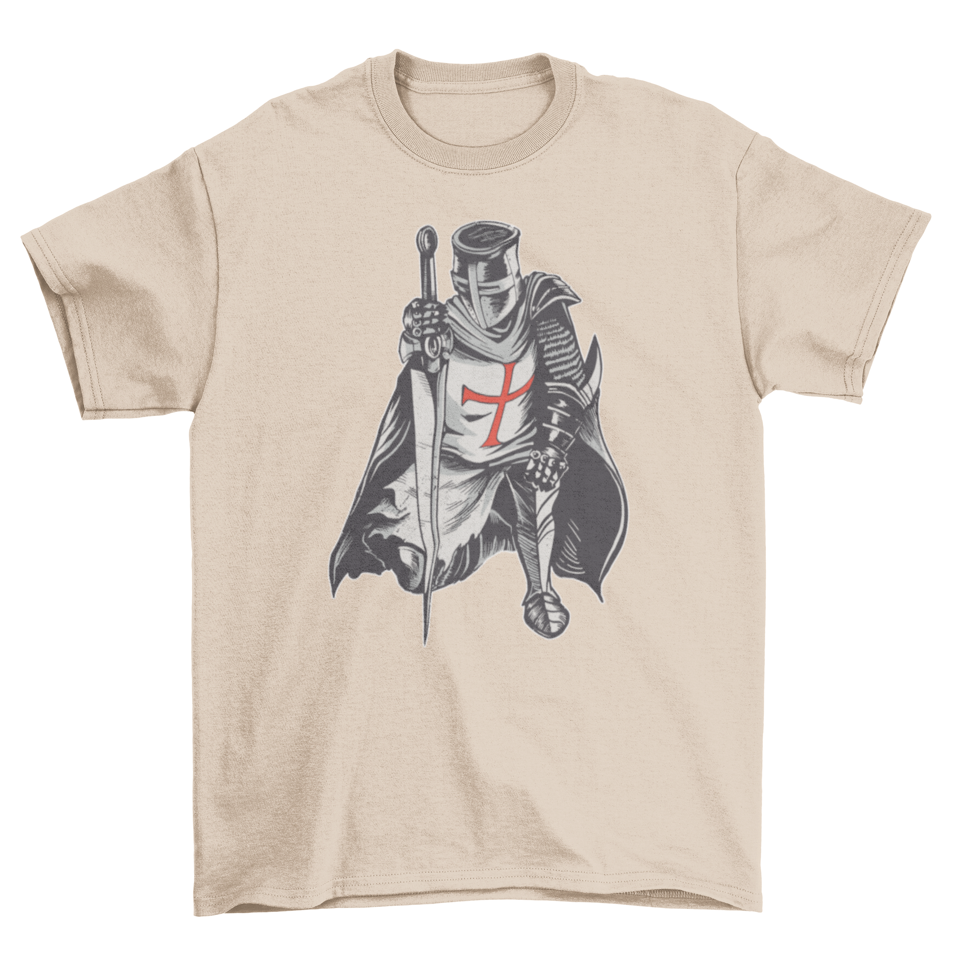 A detailed t-shirt design featuring a knight in armor kneeling with a sword, showcasing medieval artistry.