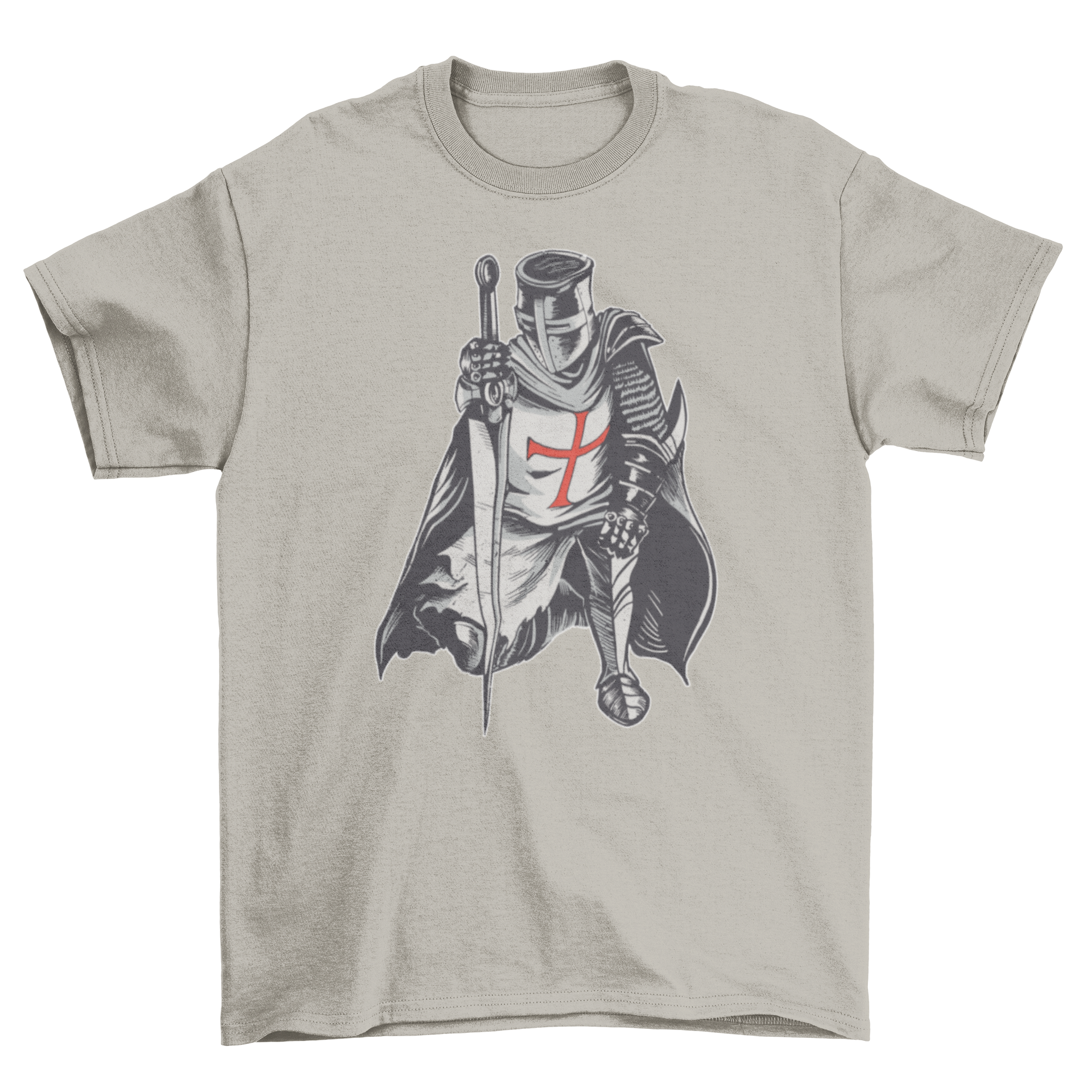 A detailed t-shirt design featuring a knight in armor kneeling with a sword, showcasing medieval artistry.