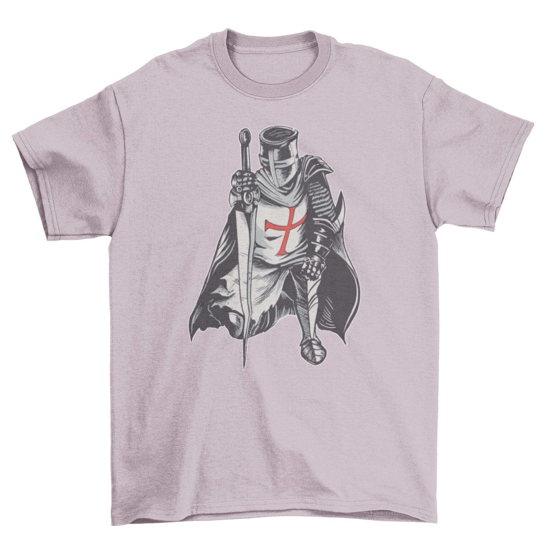 A detailed t-shirt design featuring a knight in armor kneeling with a sword, showcasing medieval artistry.