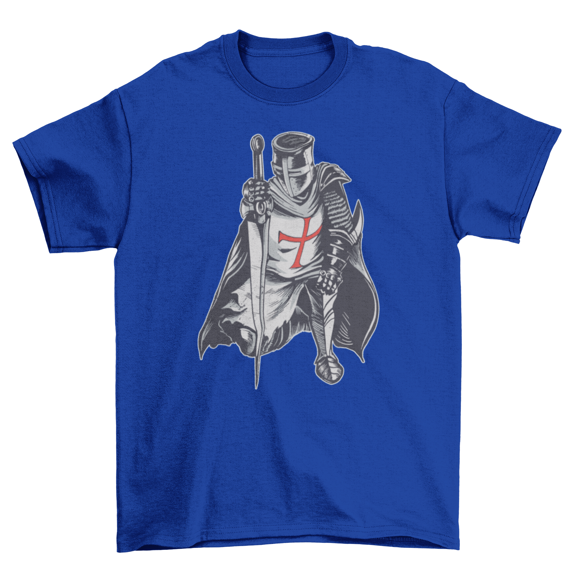 A detailed t-shirt design featuring a knight in armor kneeling with a sword, showcasing medieval artistry.