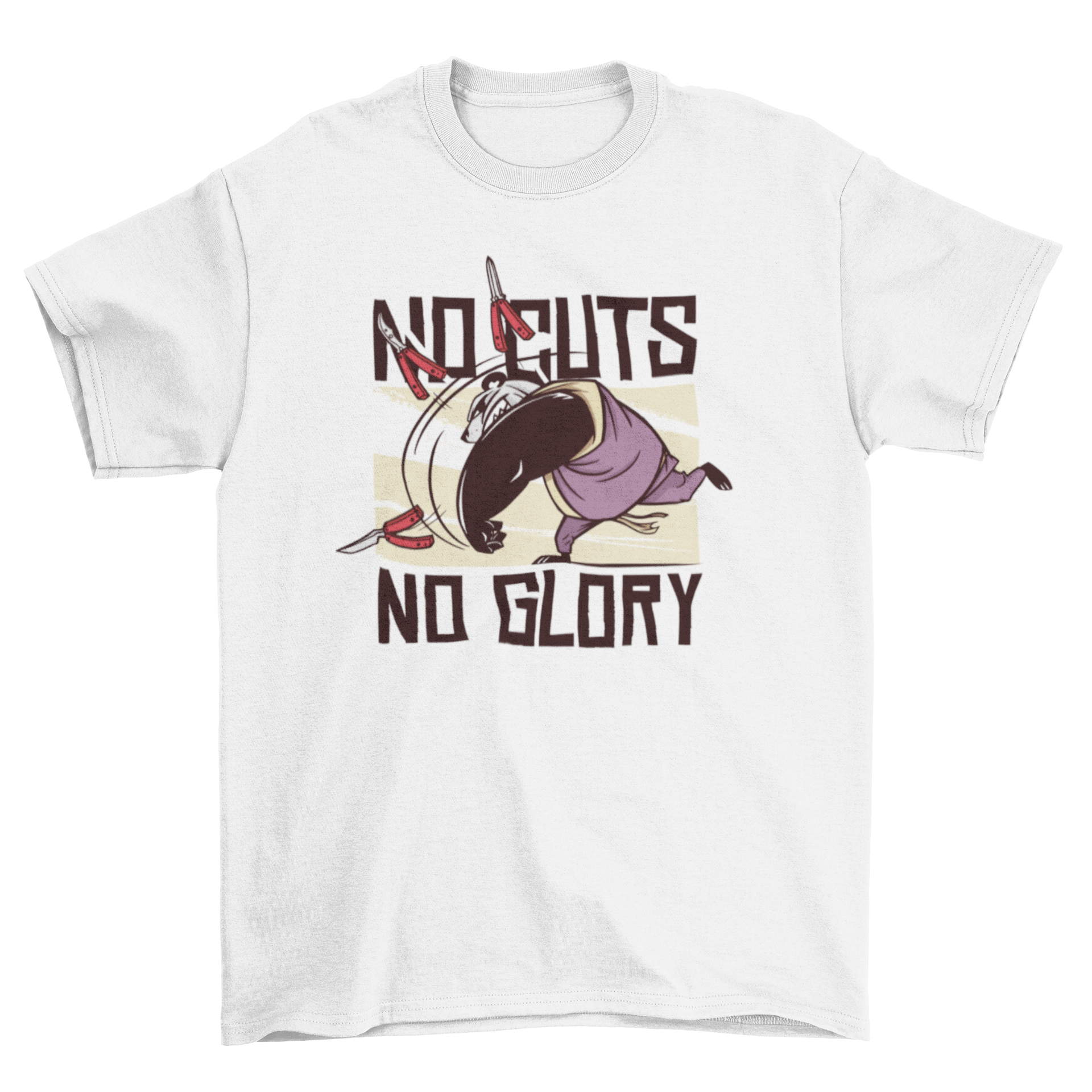 Warrior Panda T-Shirt featuring a giant panda dressed as a warrior flipping balisong knives with the quote 'No cuts, no glory'.