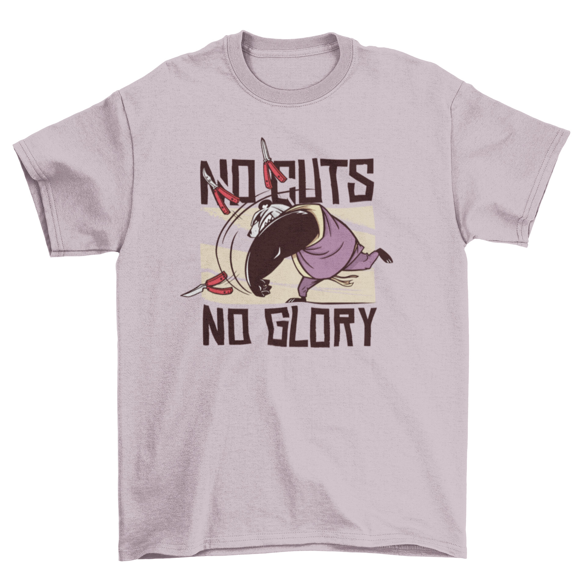 Warrior Panda T-Shirt featuring a giant panda dressed as a warrior flipping balisong knives with the quote 'No cuts, no glory'.