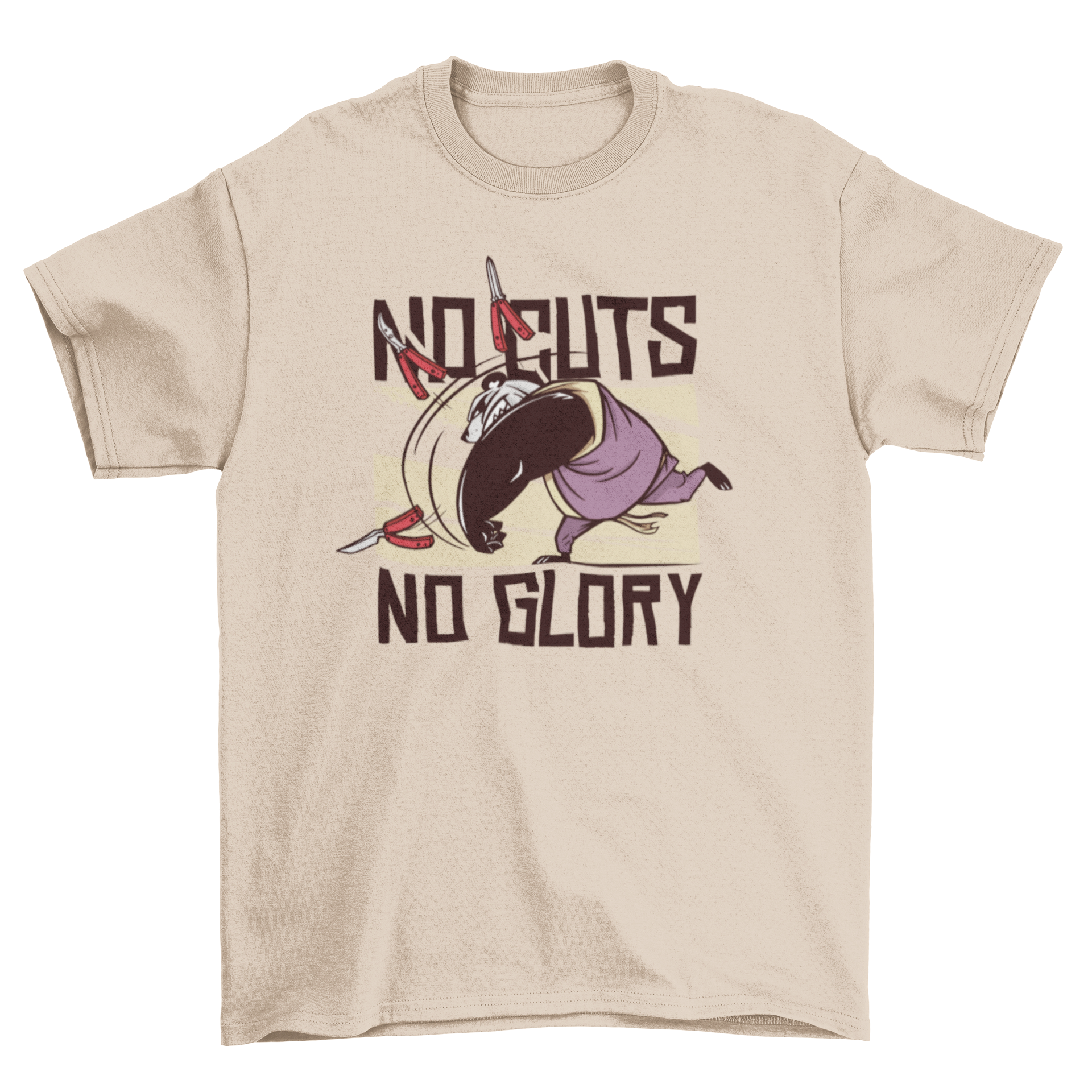 Warrior Panda T-Shirt featuring a giant panda dressed as a warrior flipping balisong knives with the quote 'No cuts, no glory'.