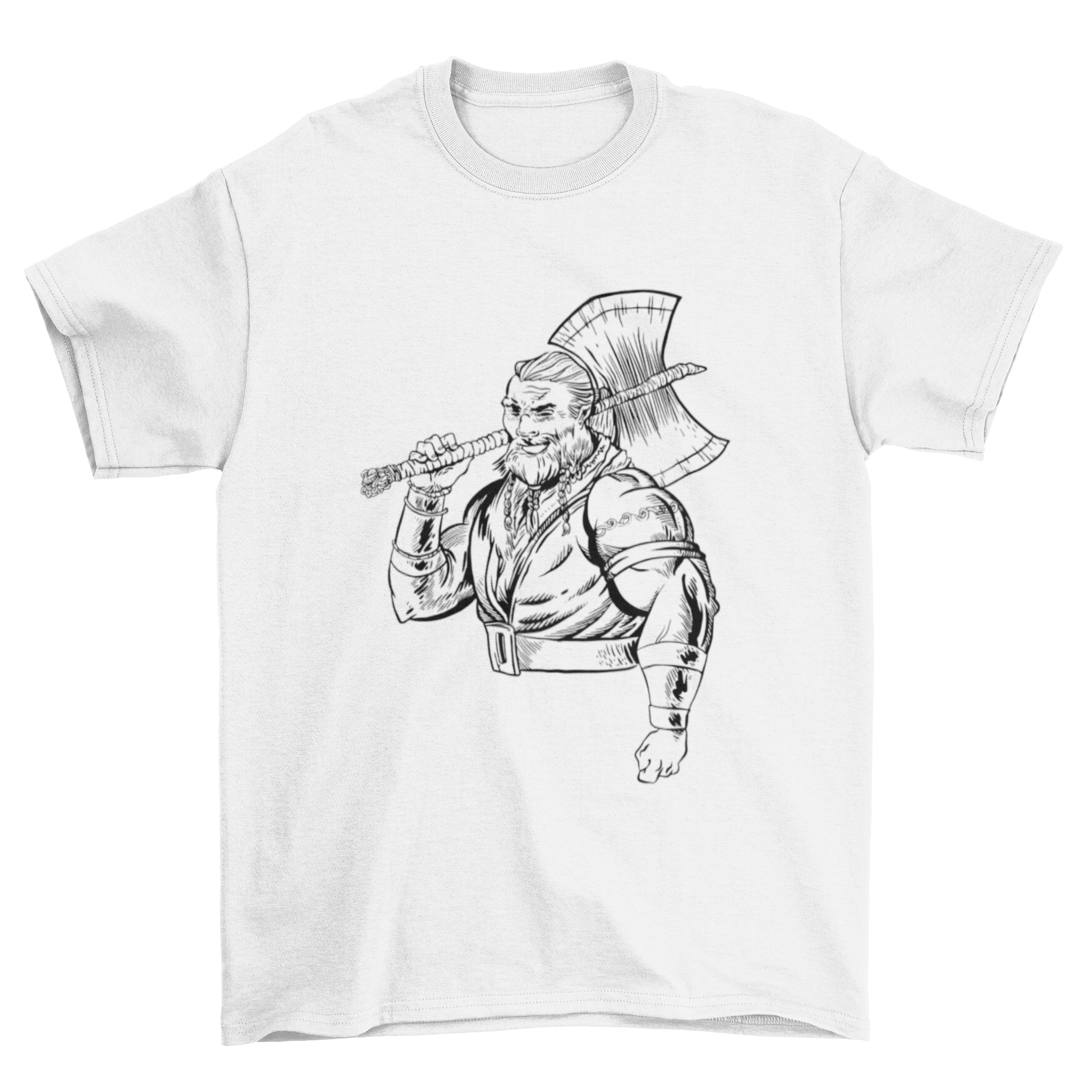 A hand-drawn t-shirt design featuring a strong warrior holding an ax, showcasing intricate details and bold imagery.