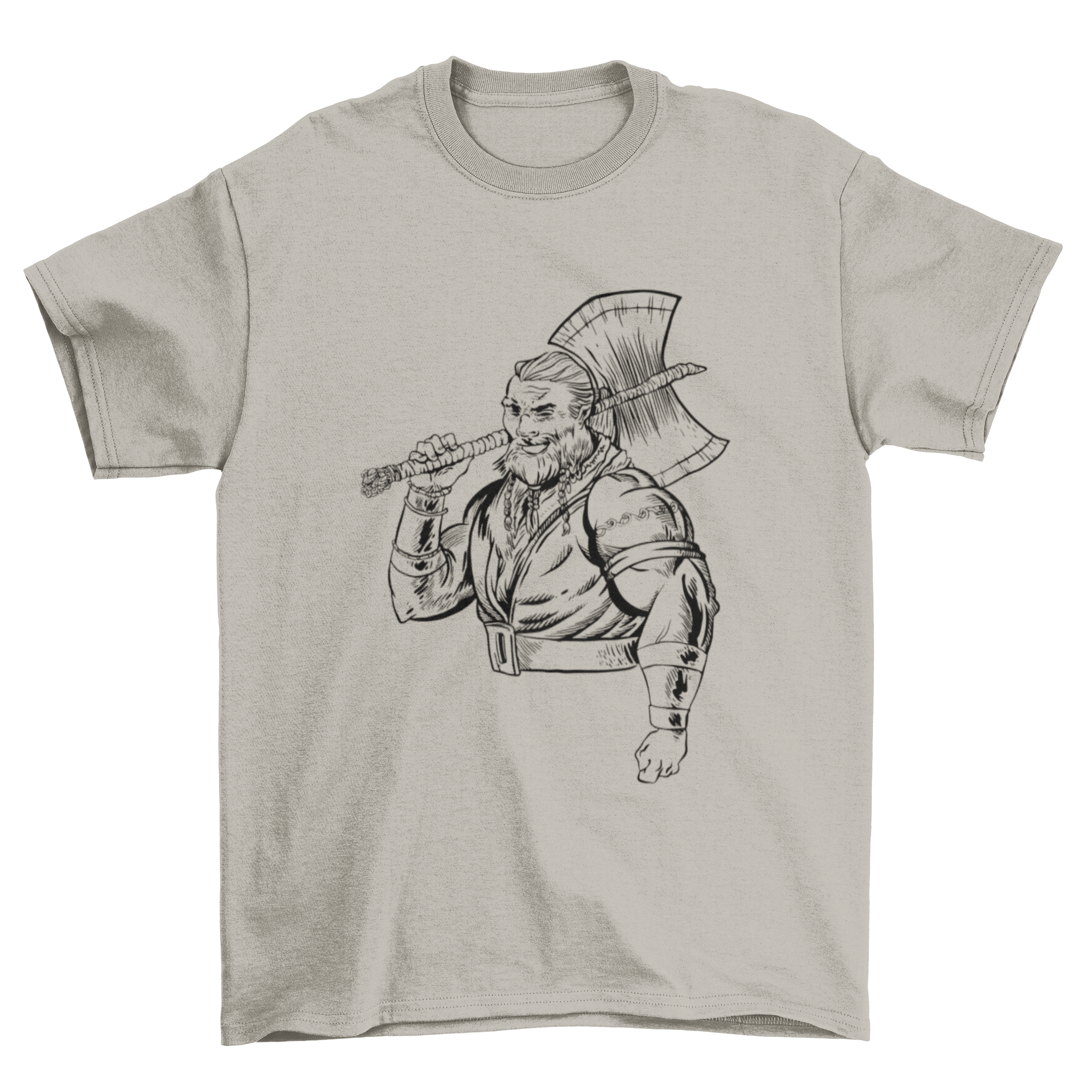 A hand-drawn t-shirt design featuring a strong warrior holding an ax, showcasing intricate details and bold imagery.