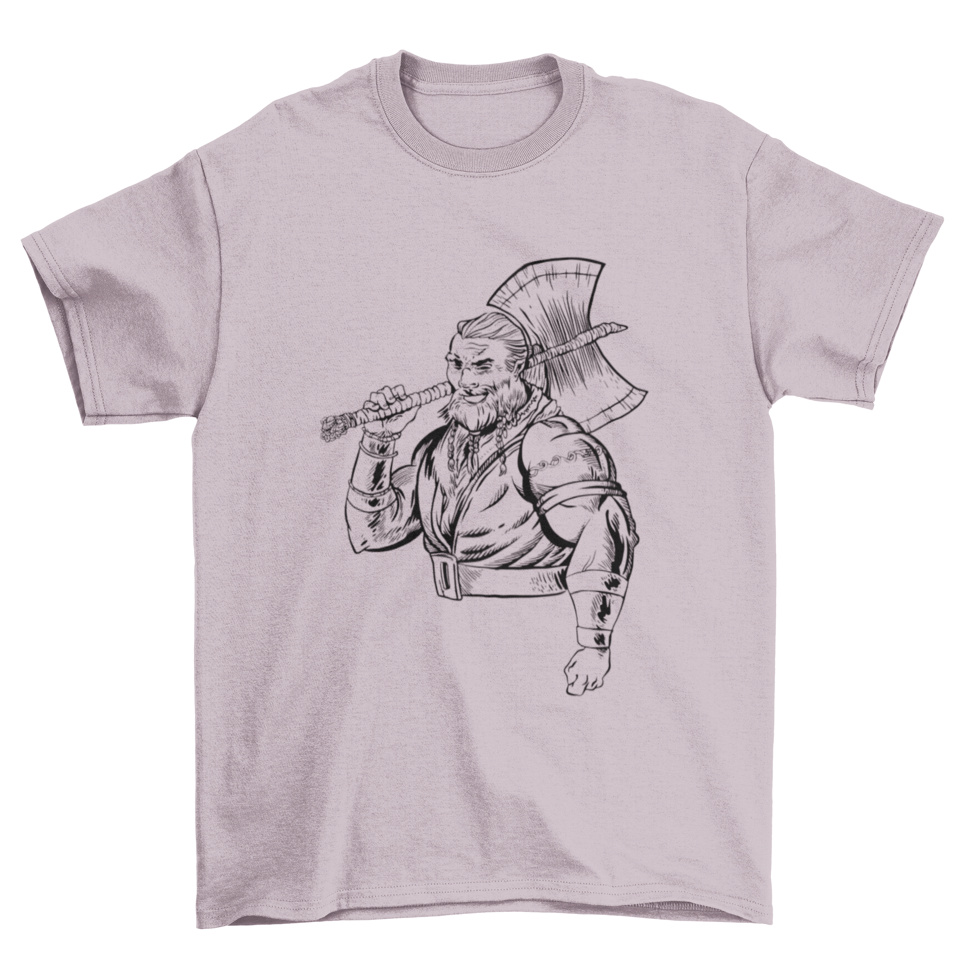 A hand-drawn t-shirt design featuring a strong warrior holding an ax, showcasing intricate details and bold imagery.