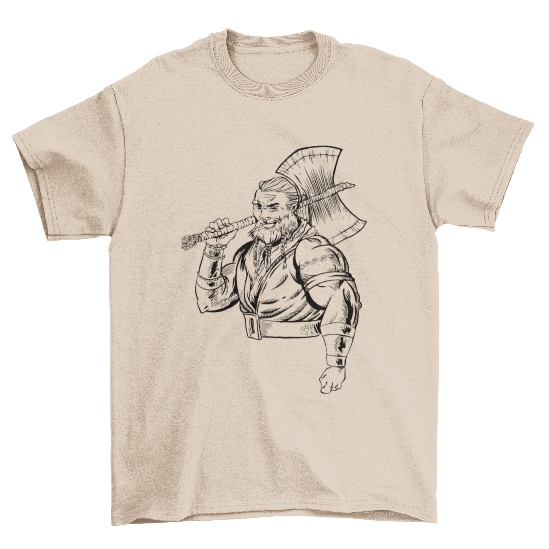 A hand-drawn t-shirt design featuring a strong warrior holding an ax, showcasing intricate details and bold imagery.