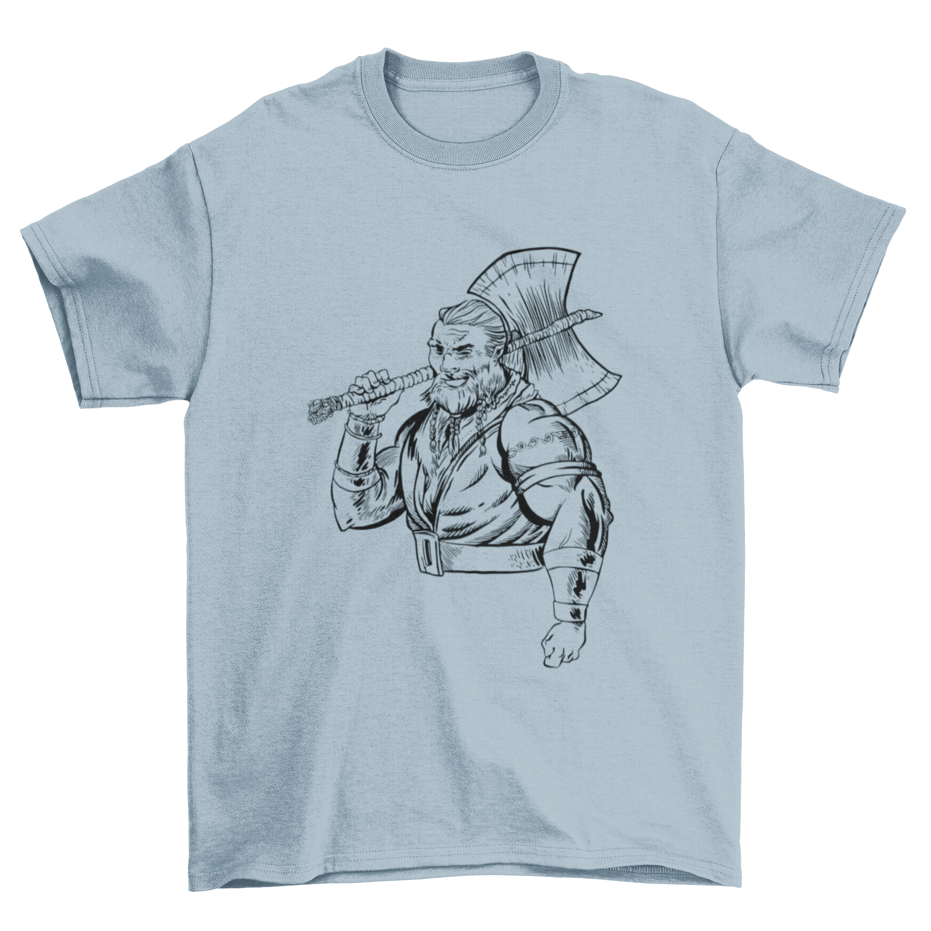 A hand-drawn t-shirt design featuring a strong warrior holding an ax, showcasing intricate details and bold imagery.