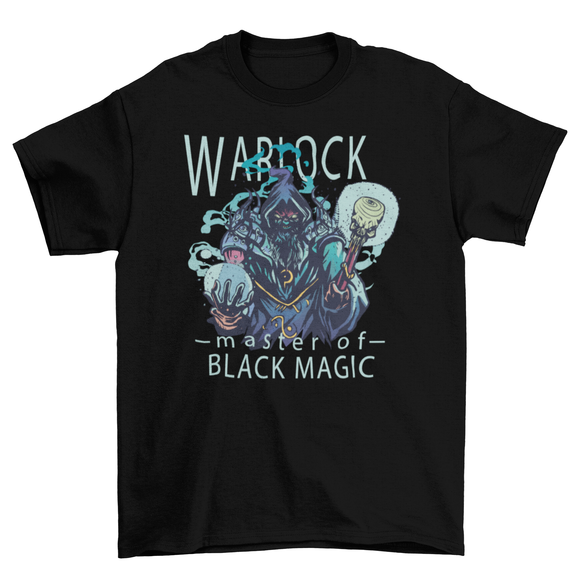 Warlock black magic t-shirt featuring a dark sorcerer graphic and the caption 'Warlock - Master of black magic'.