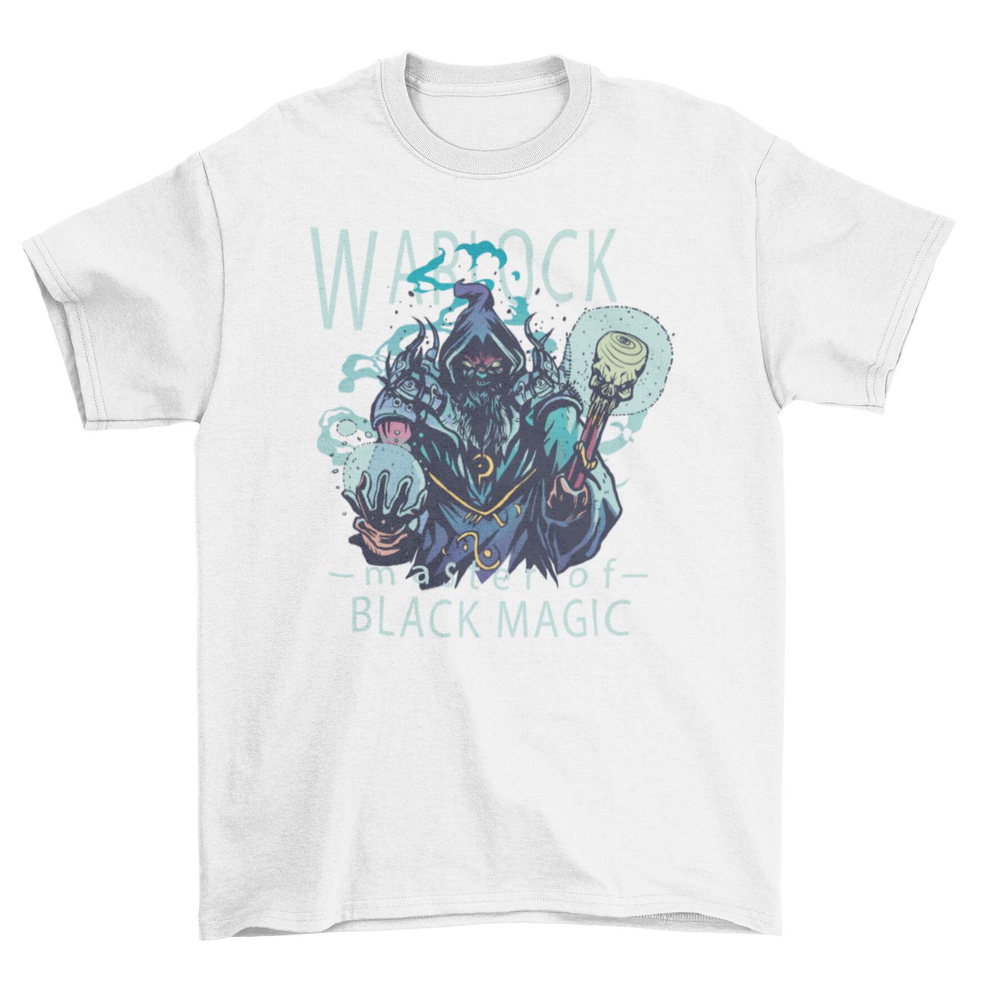 Warlock black magic t-shirt featuring a dark sorcerer graphic and the caption 'Warlock - Master of black magic'.