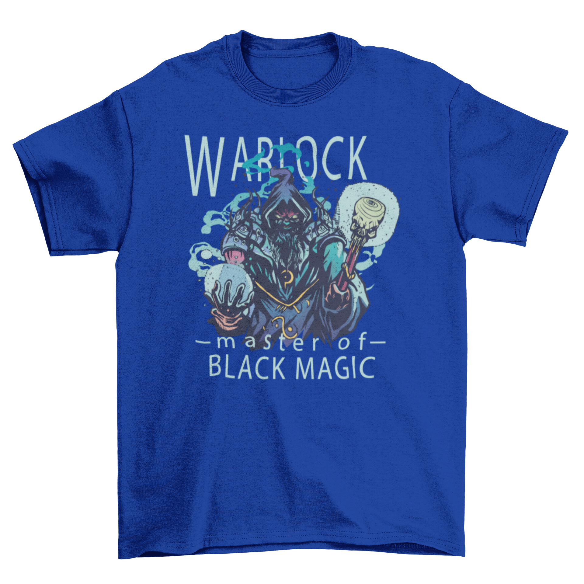 Warlock black magic t-shirt featuring a dark sorcerer graphic and the caption 'Warlock - Master of black magic'.