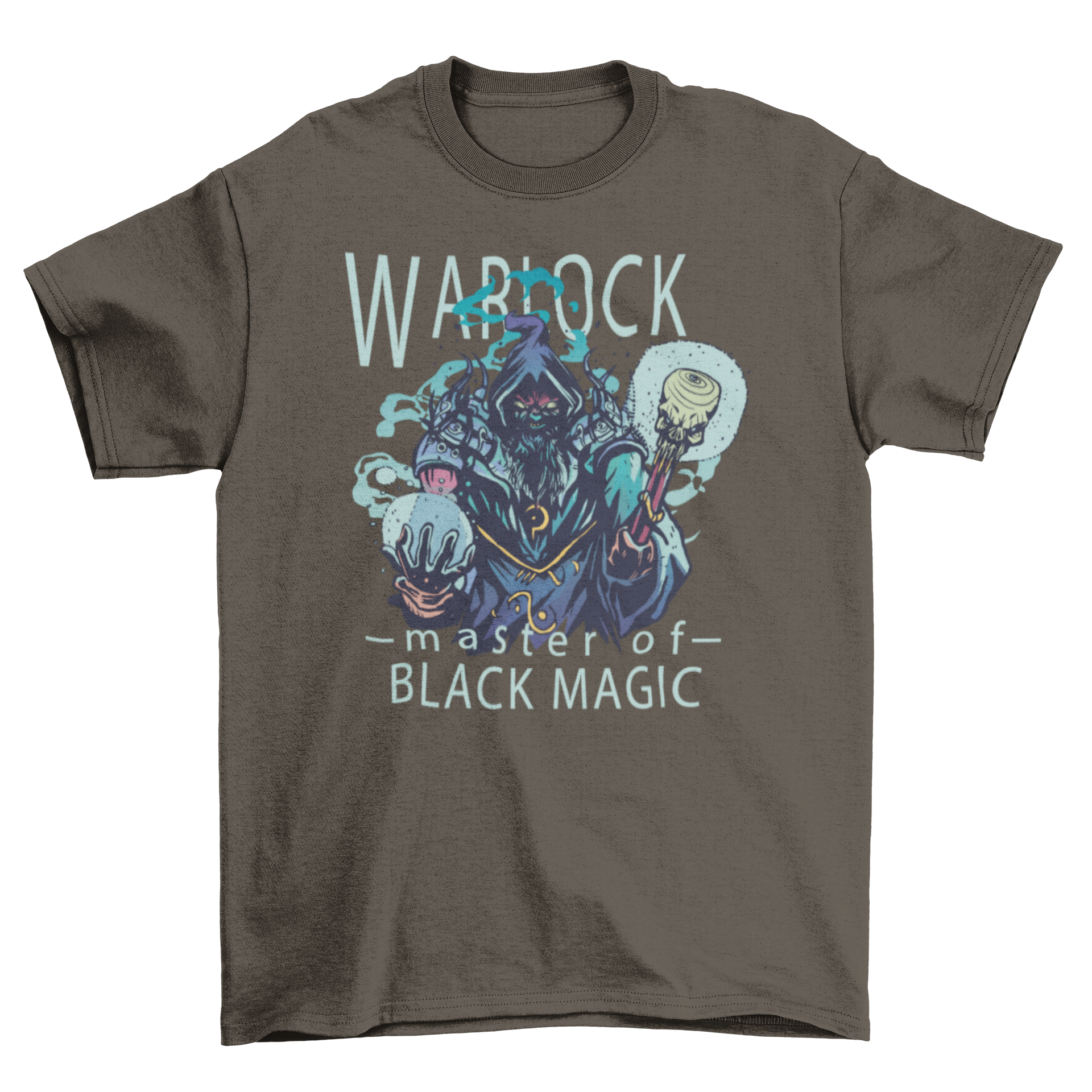 Warlock black magic t-shirt featuring a dark sorcerer graphic and the caption 'Warlock - Master of black magic'.