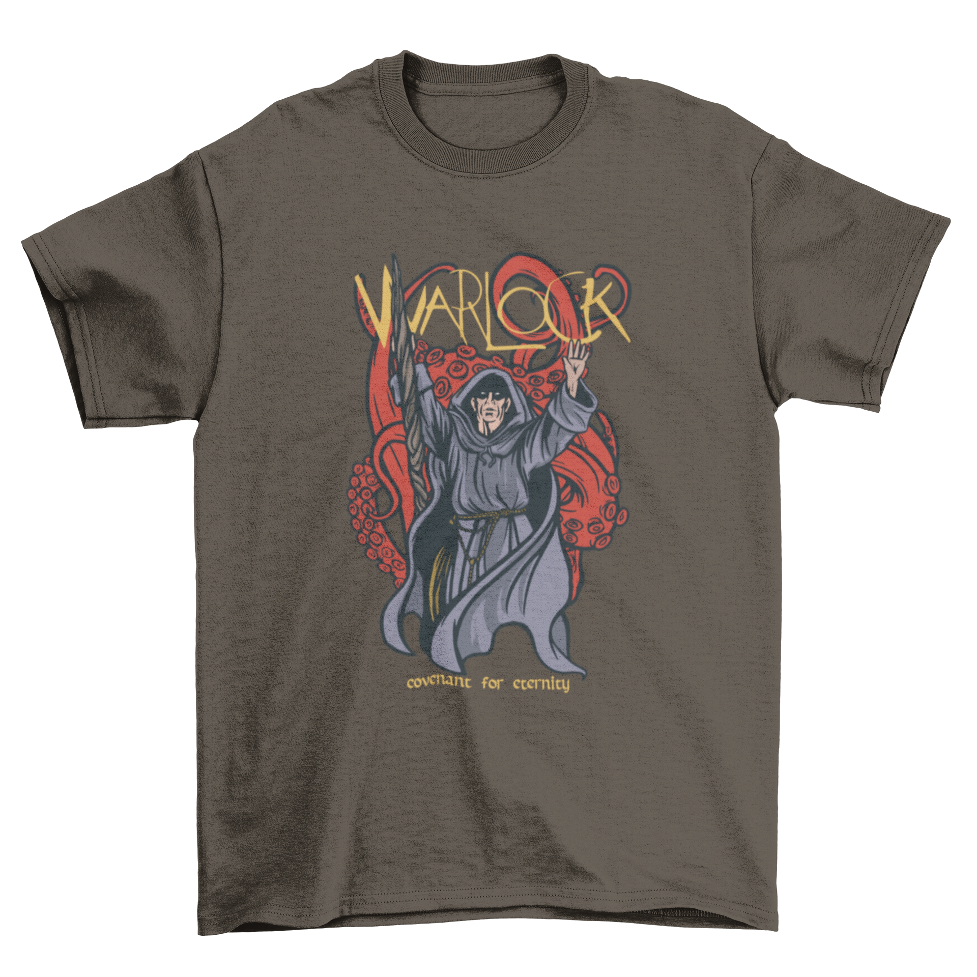 A stylish Warlock man t-shirt featuring a mystical warlock design and the caption 'Warlock - covenant for eternity'.