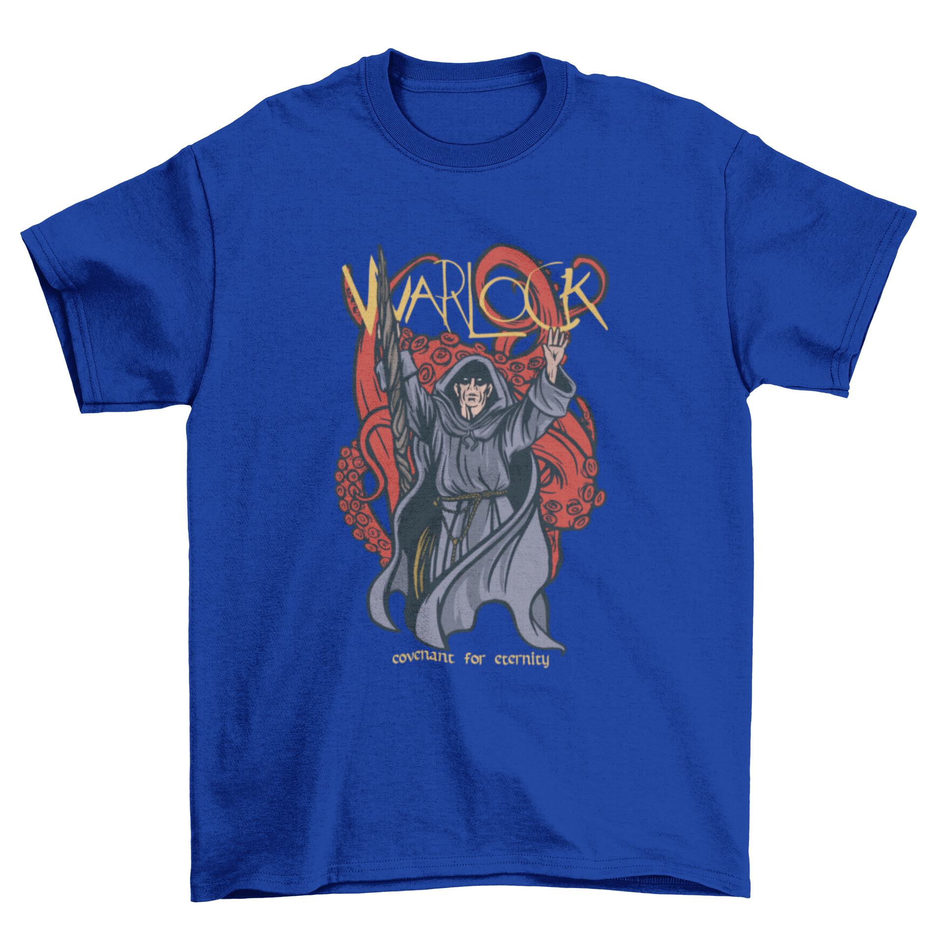 A stylish Warlock man t-shirt featuring a mystical warlock design and the caption 'Warlock - covenant for eternity'.