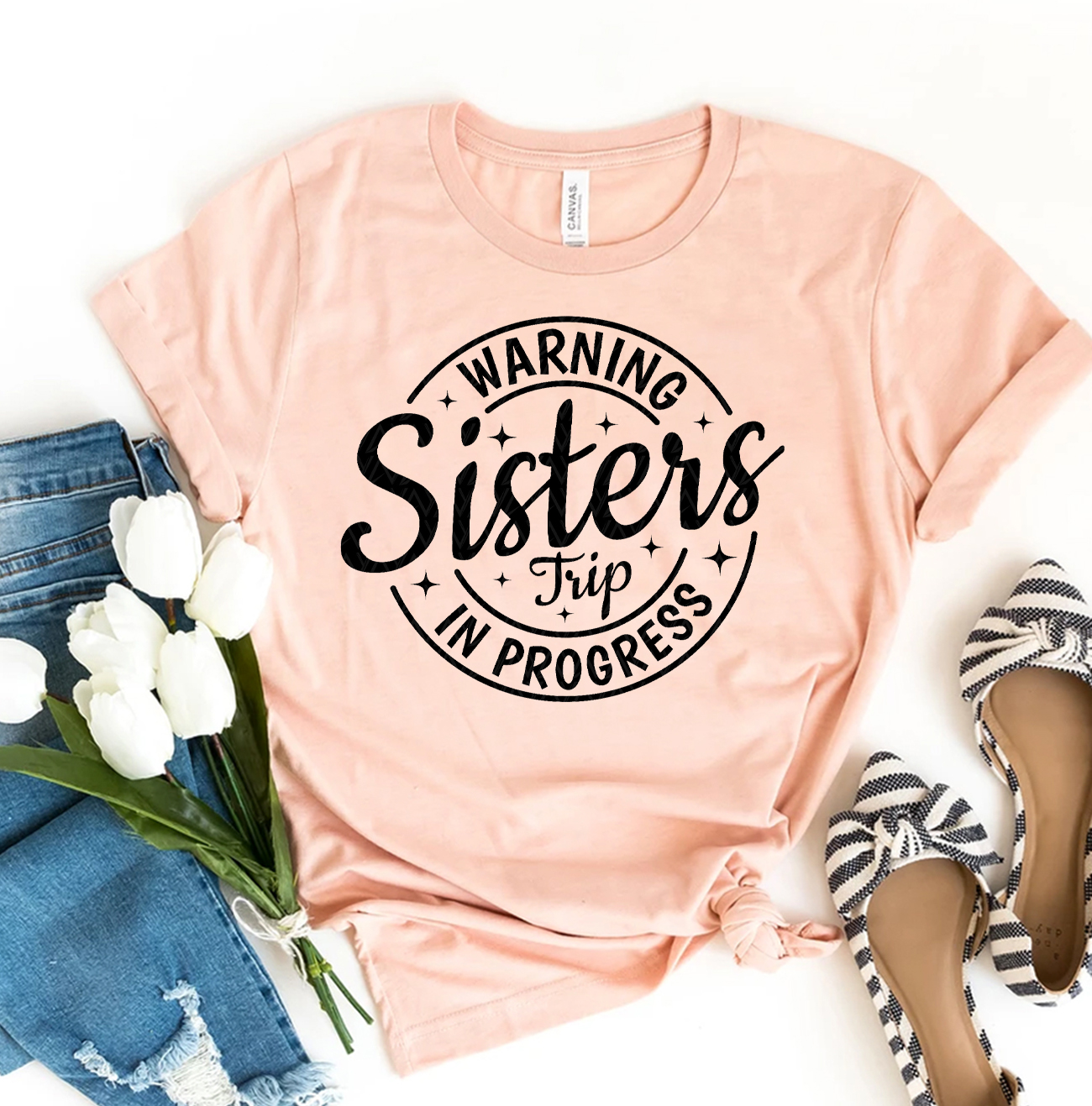 Warning Sisters Trip In Progress T-shirt made of premium ring spun cotton, featuring a playful design perfect for sister trips.