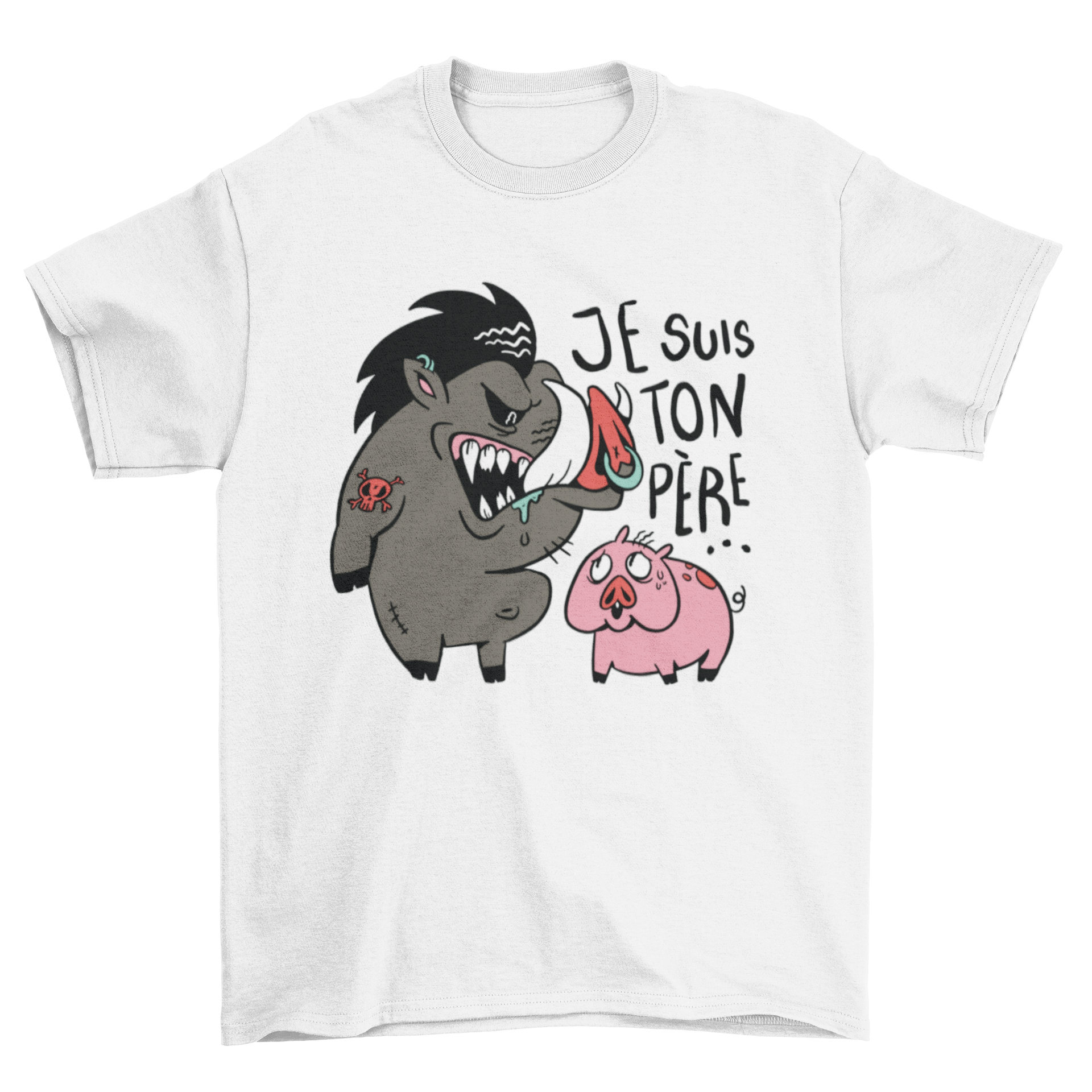 A humorous t-shirt design featuring a warthog intimidating a pig with the quote 'I am your father' in French.