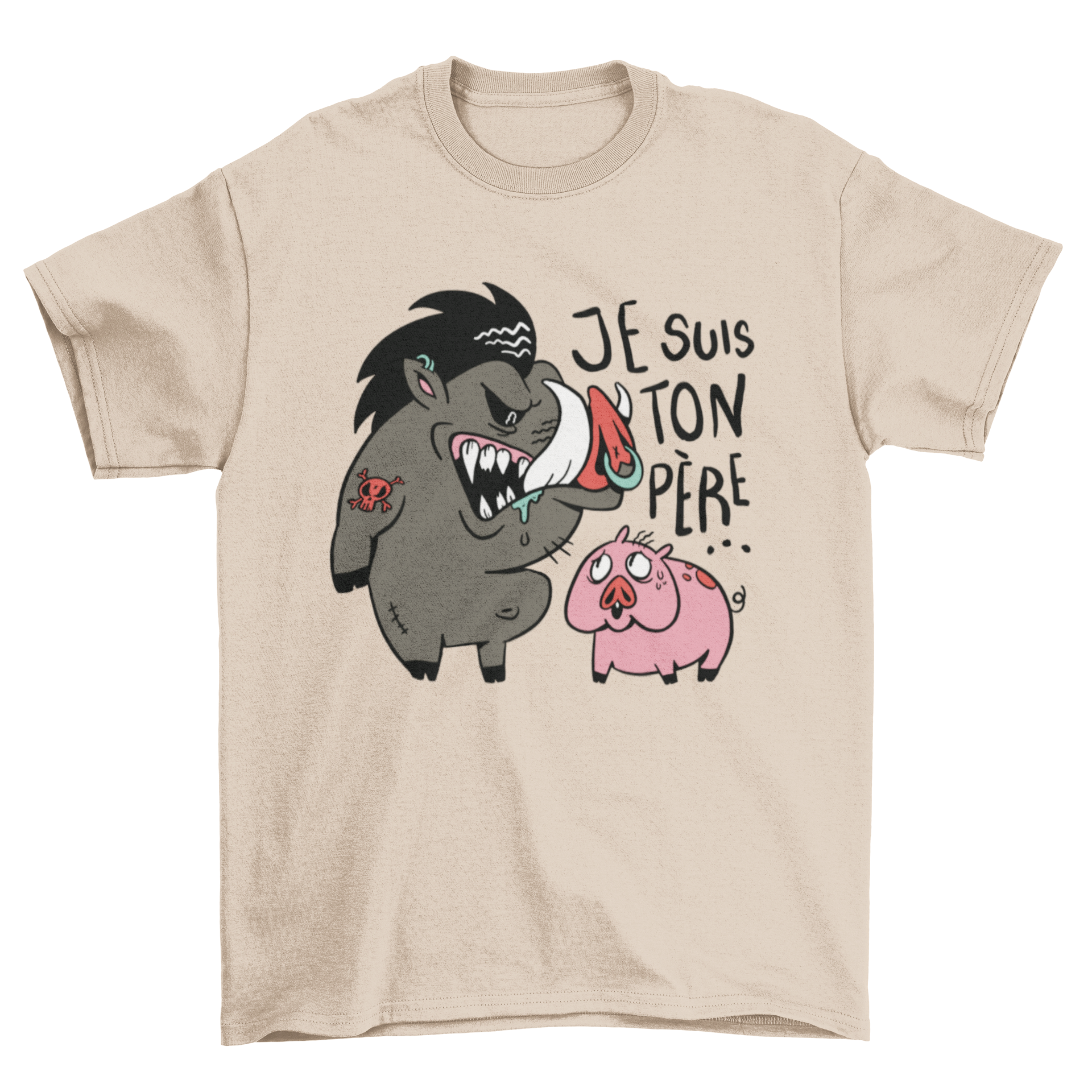 A humorous t-shirt design featuring a warthog intimidating a pig with the quote 'I am your father' in French.