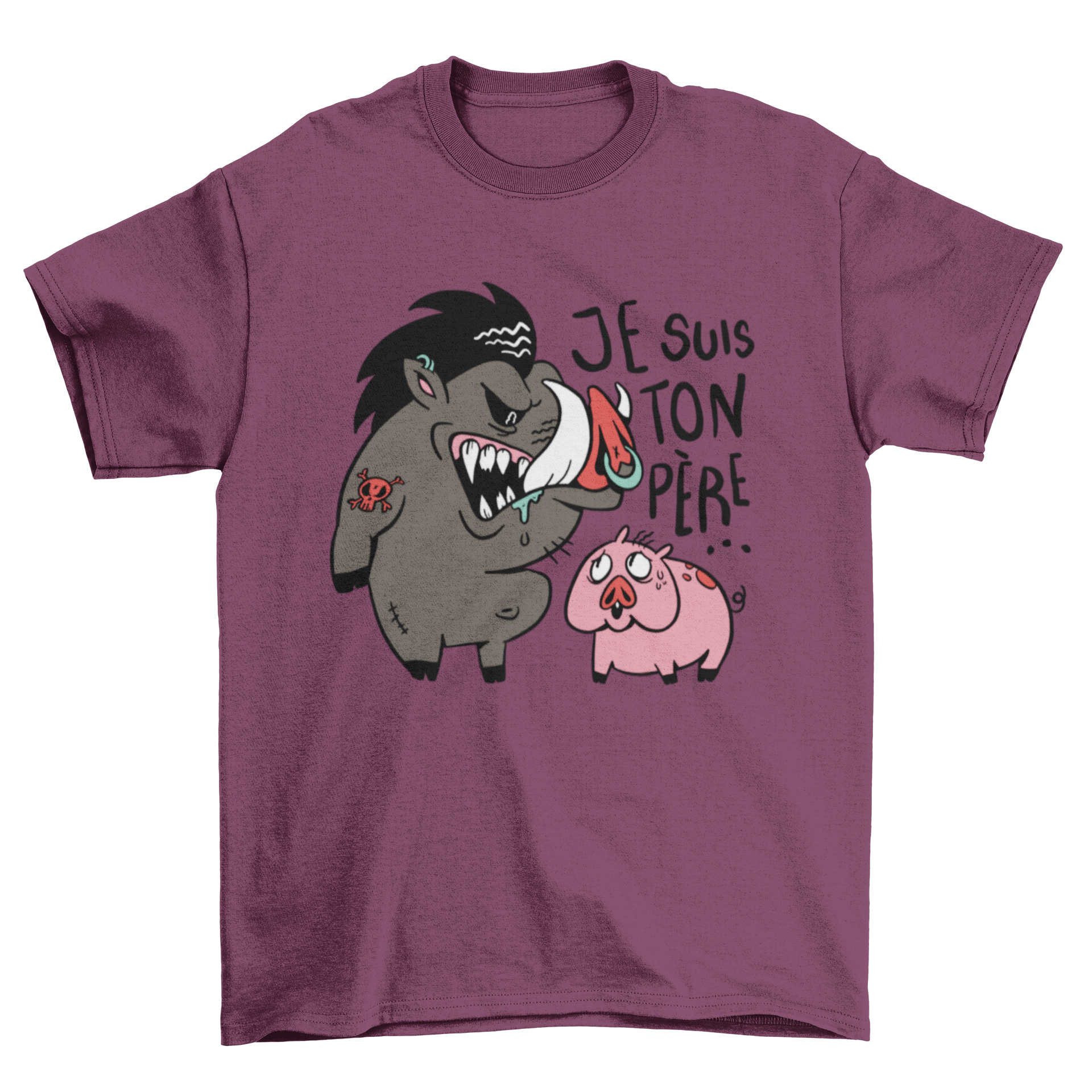 A humorous t-shirt design featuring a warthog intimidating a pig with the quote 'I am your father' in French.