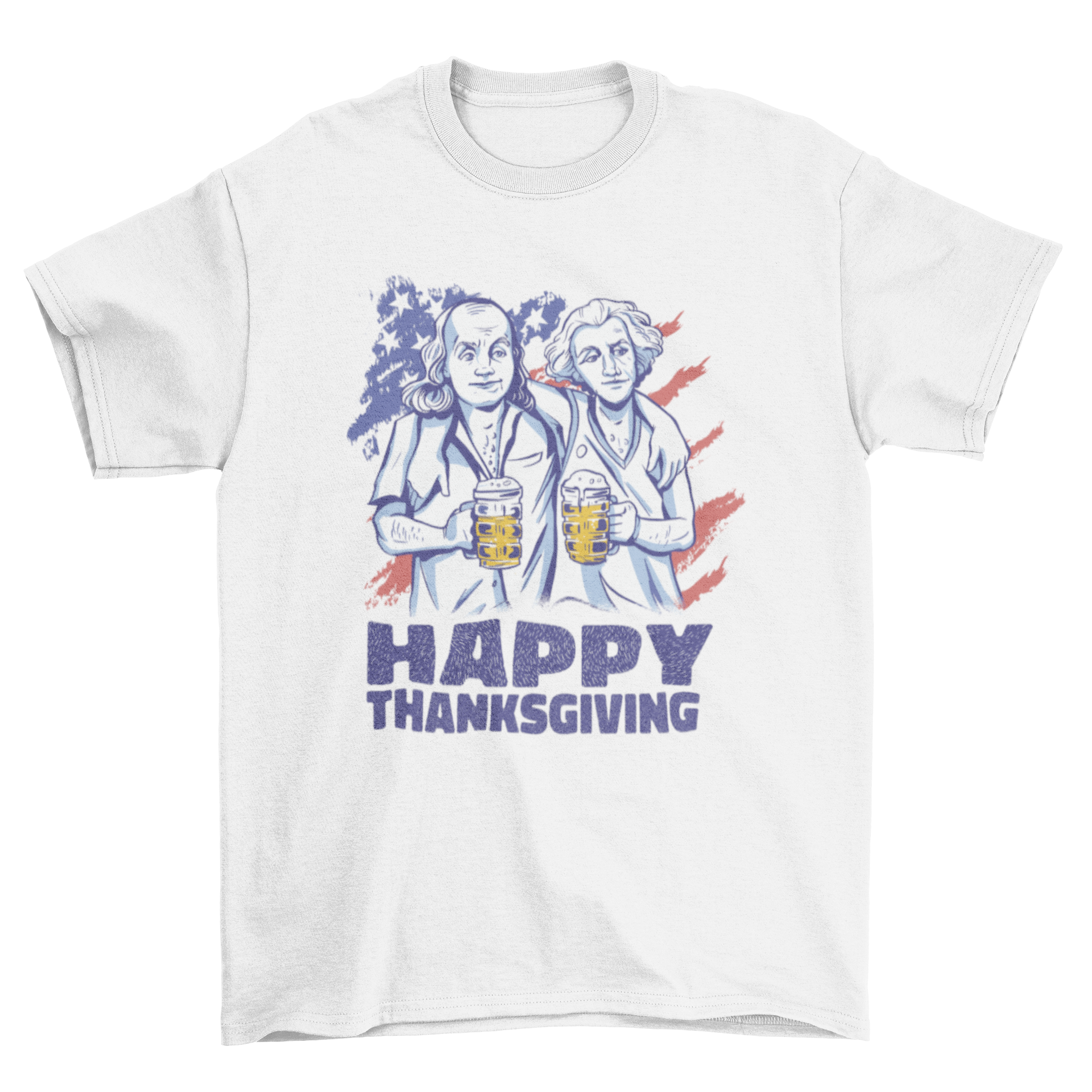 Washington and Franklin Thanksgiving t-shirt featuring US flag and 'Happy Thanksgiving' quote.