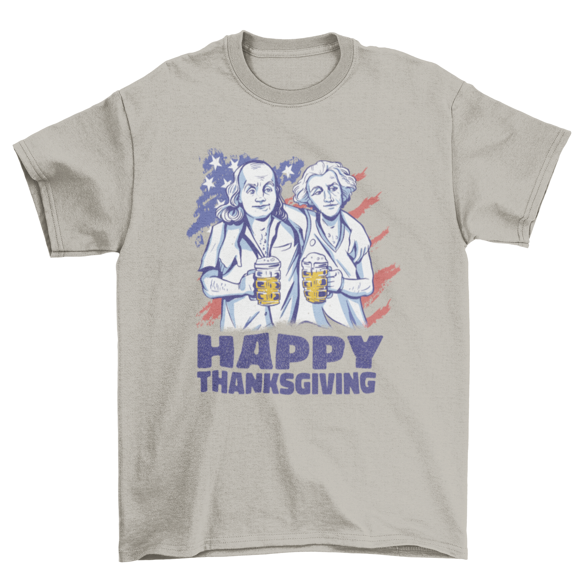 Washington and Franklin Thanksgiving t-shirt featuring US flag and 'Happy Thanksgiving' quote.