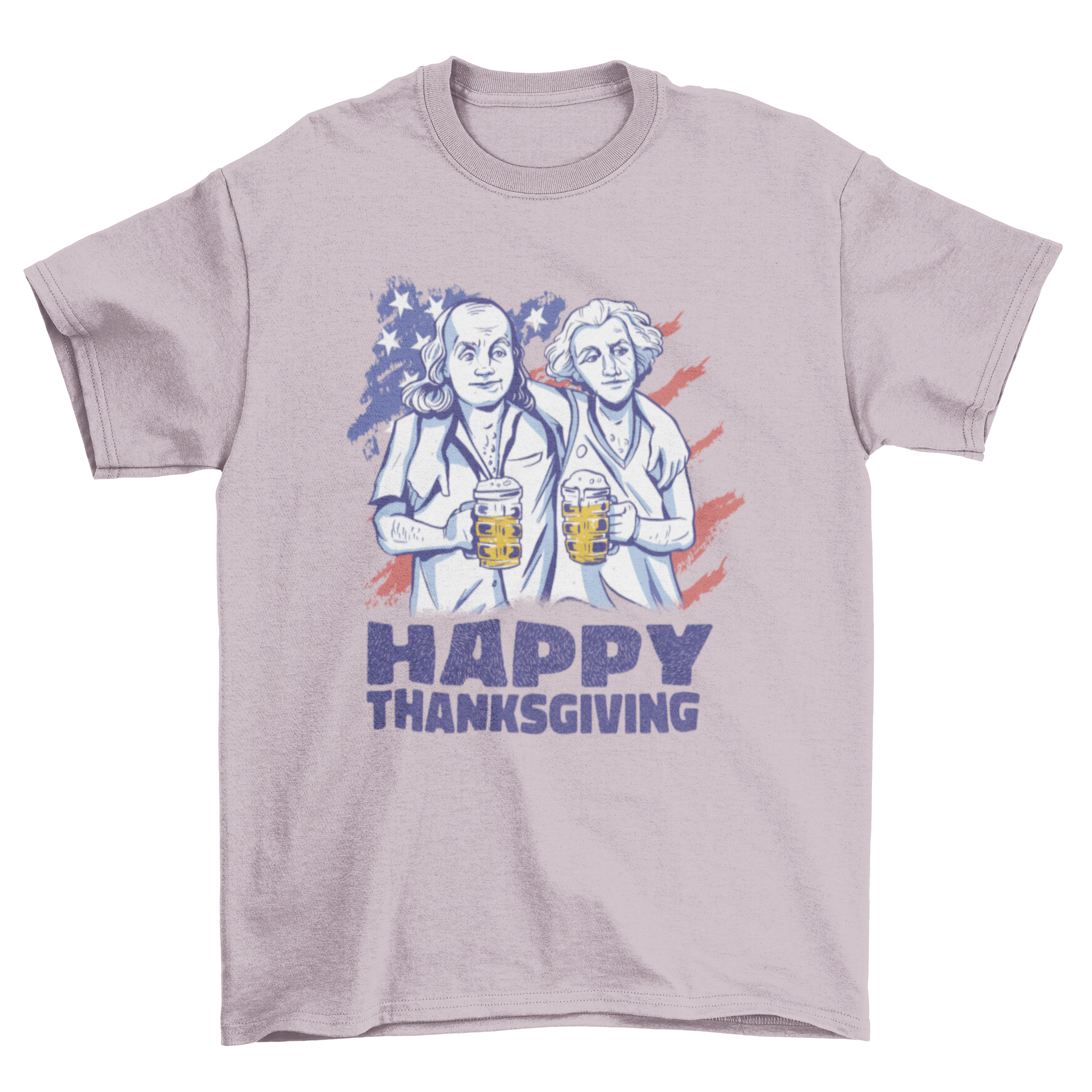 Washington and Franklin Thanksgiving t-shirt featuring US flag and 'Happy Thanksgiving' quote.