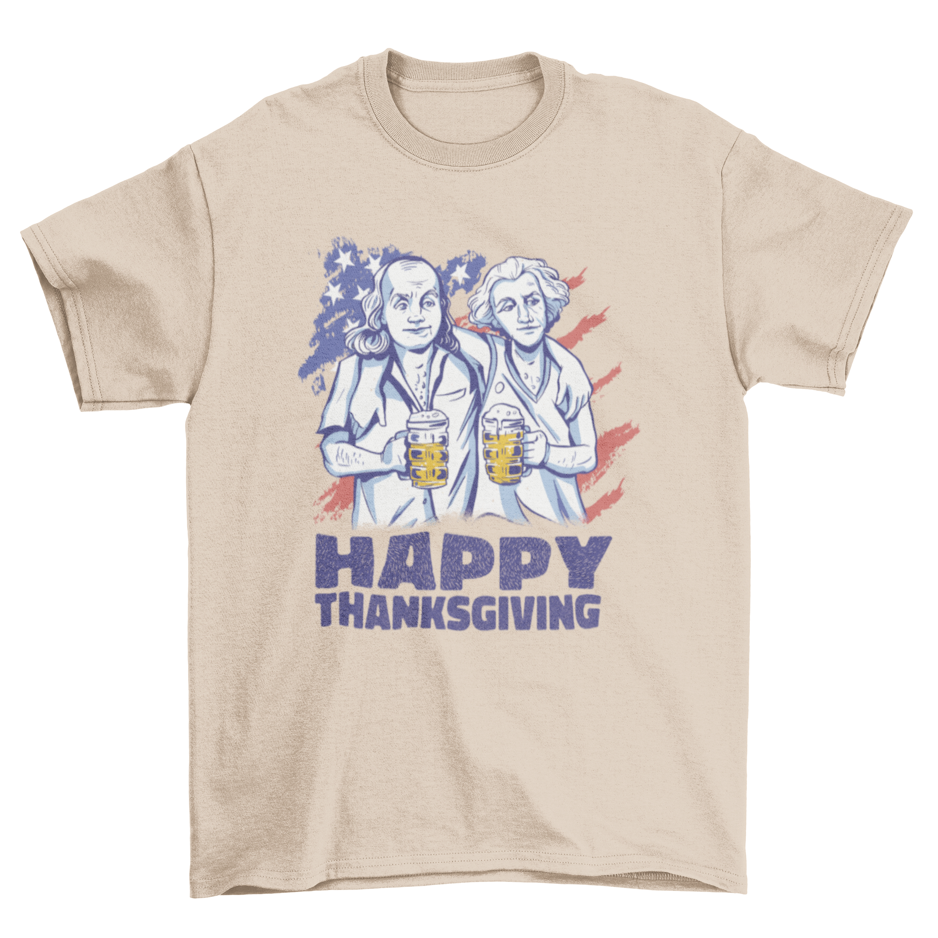 Washington and Franklin Thanksgiving t-shirt featuring US flag and 'Happy Thanksgiving' quote.