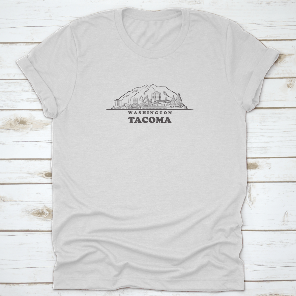 A stylish shirt featuring a drawn sketch of the Tacoma skyline, made from soft cotton fabric.