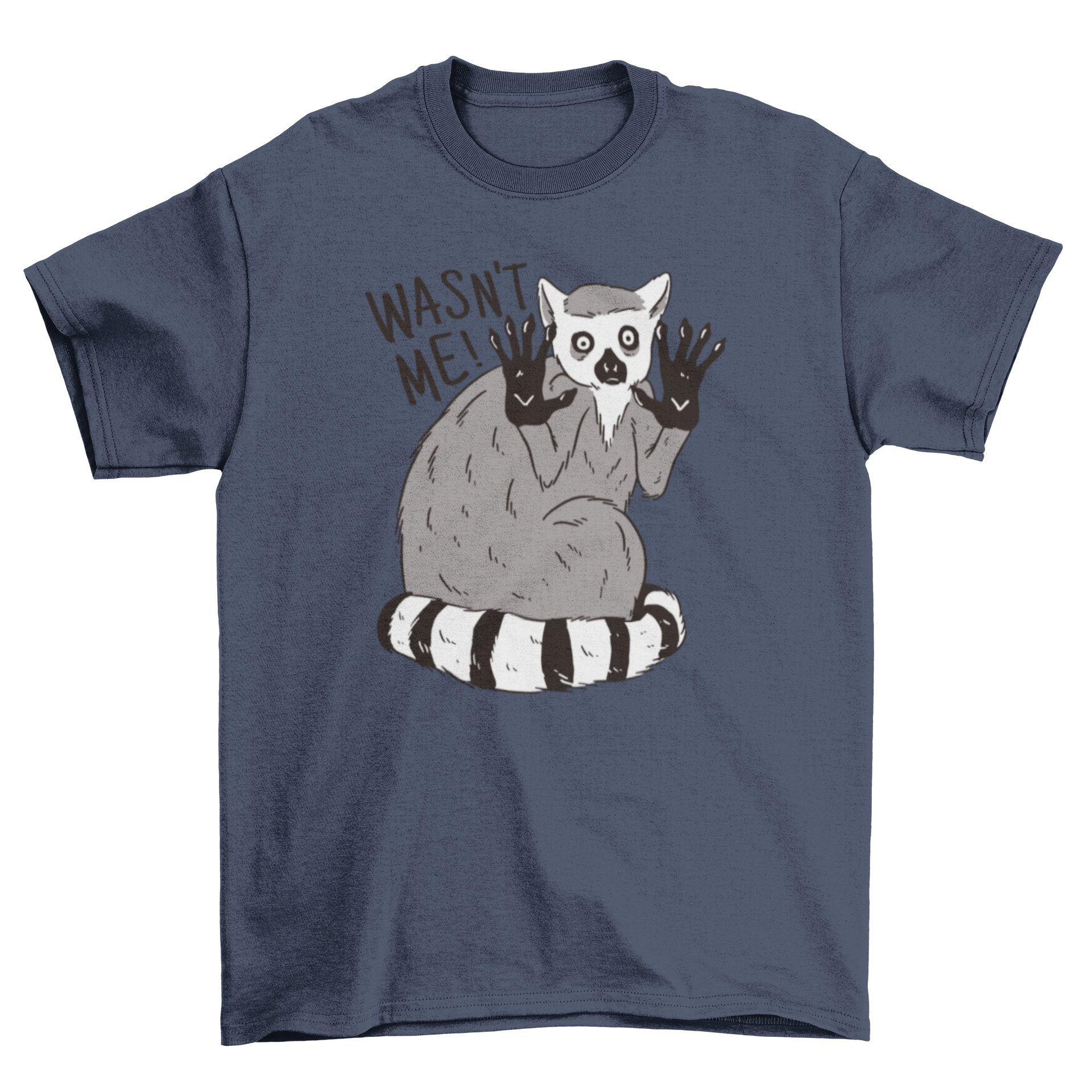 A humorous t-shirt featuring a guilty lemur with the quote 'Wasn't me!' in a playful font.