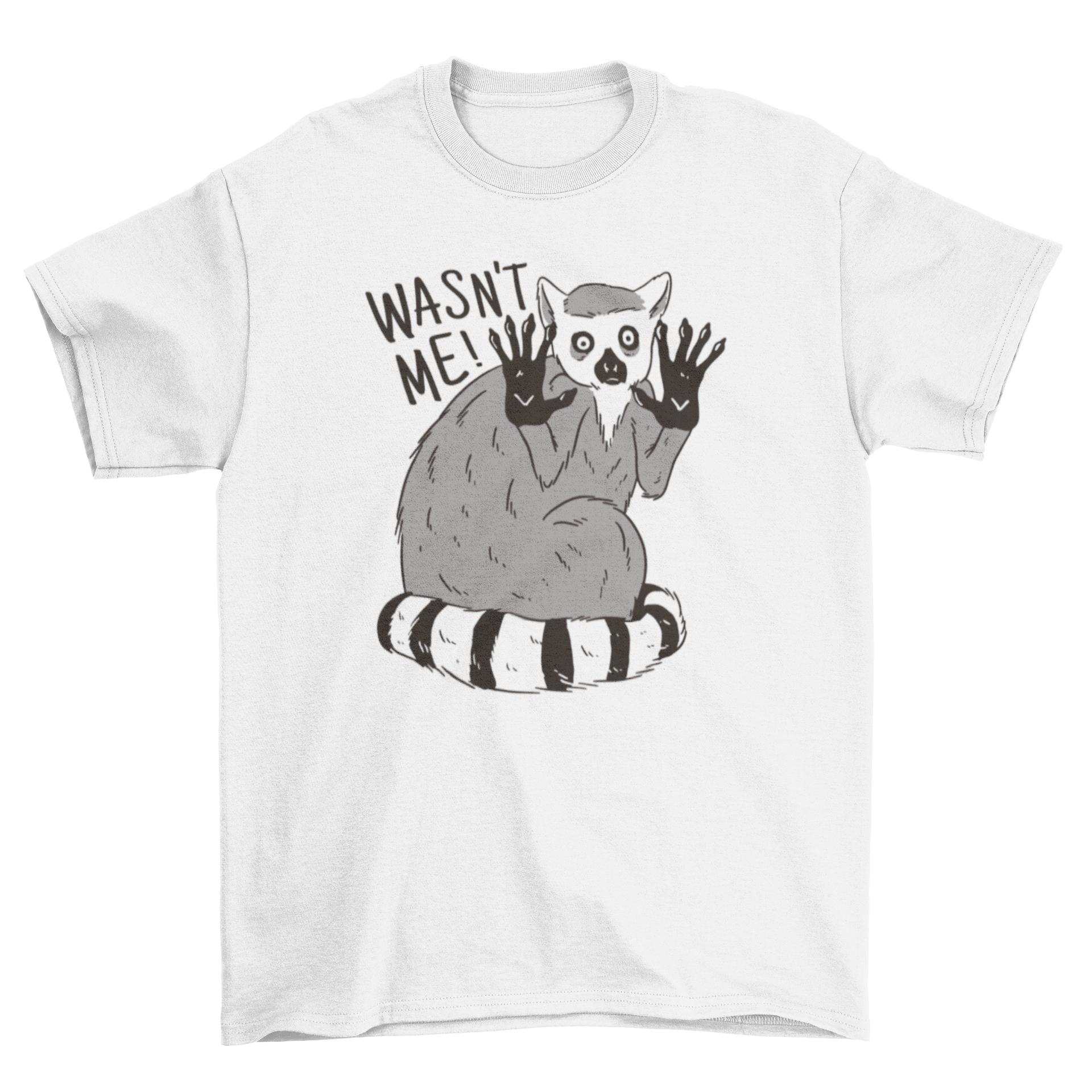 A humorous t-shirt featuring a guilty lemur with the quote 'Wasn't me!' in a playful font.