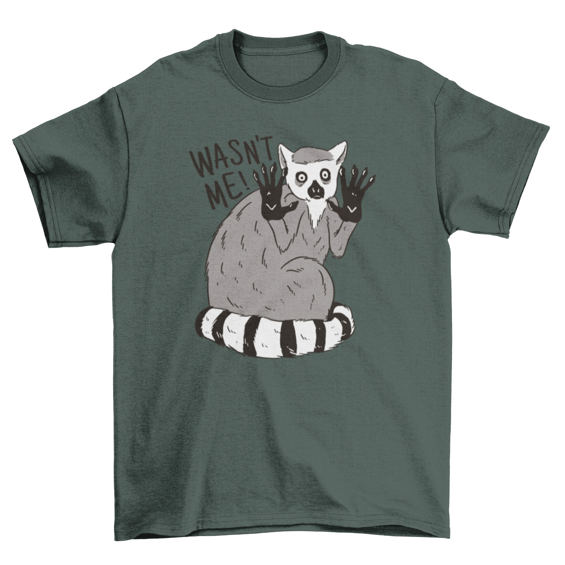 A humorous t-shirt featuring a guilty lemur with the quote 'Wasn't me!' in a playful font.