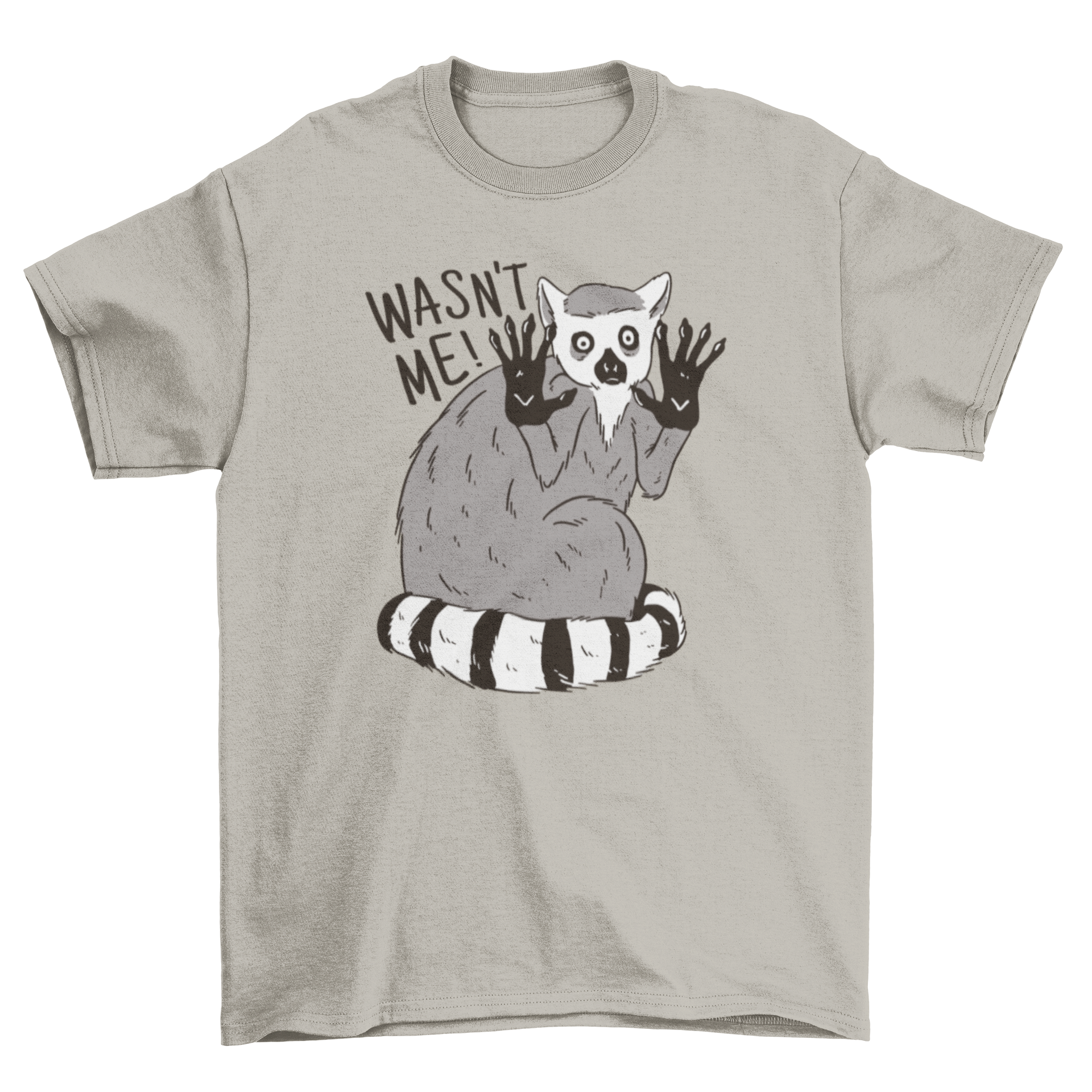 A humorous t-shirt featuring a guilty lemur with the quote 'Wasn't me!' in a playful font.