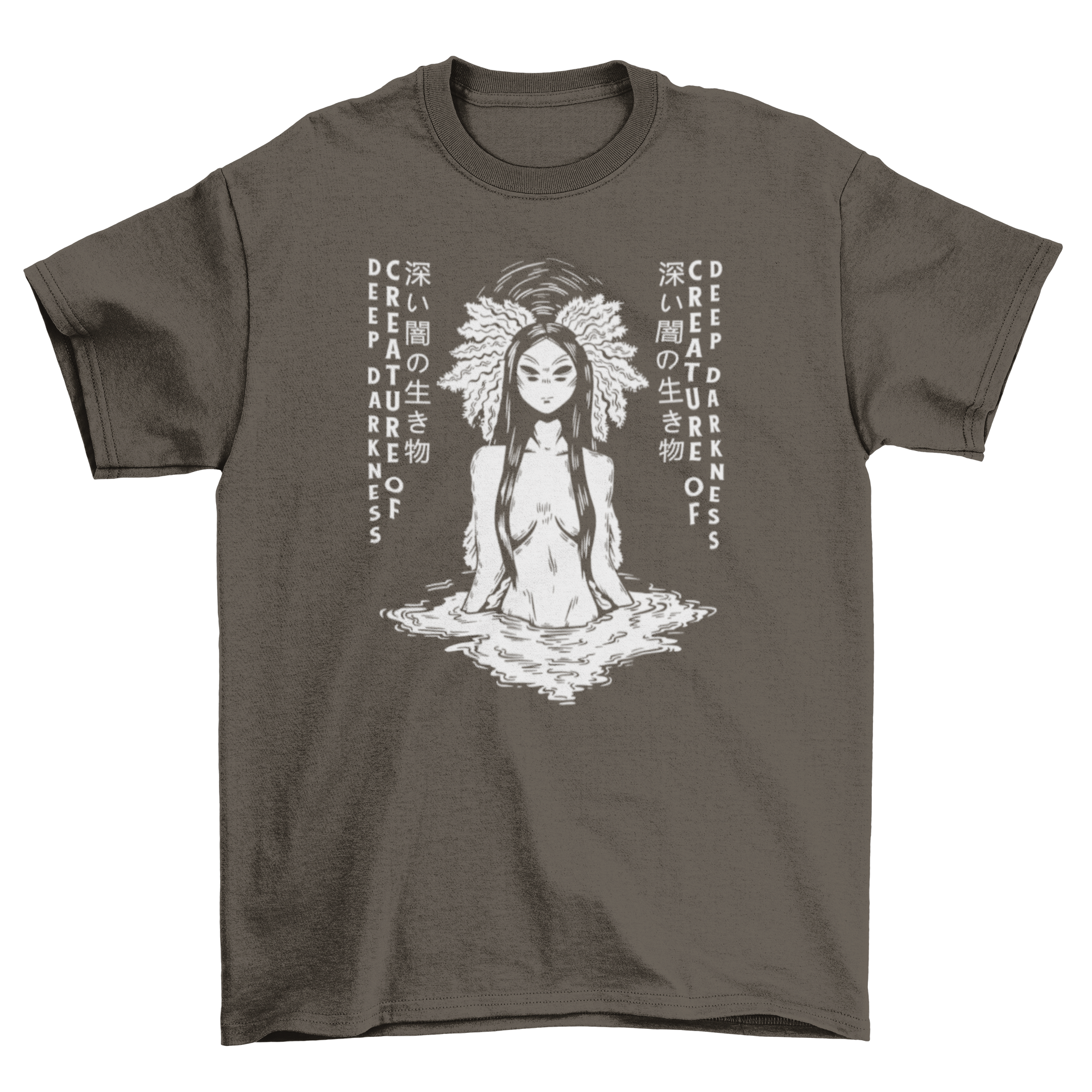 High contrast t-shirt featuring a mystical water fairy design with the quote 'Deep darkness creature'.