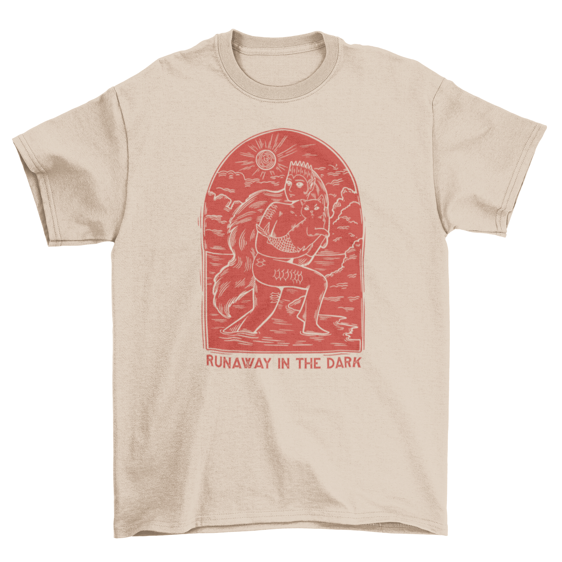 A mythic creature holding a mermaid in an engraving-style t-shirt design with the quote 'Runaway in the dark'.