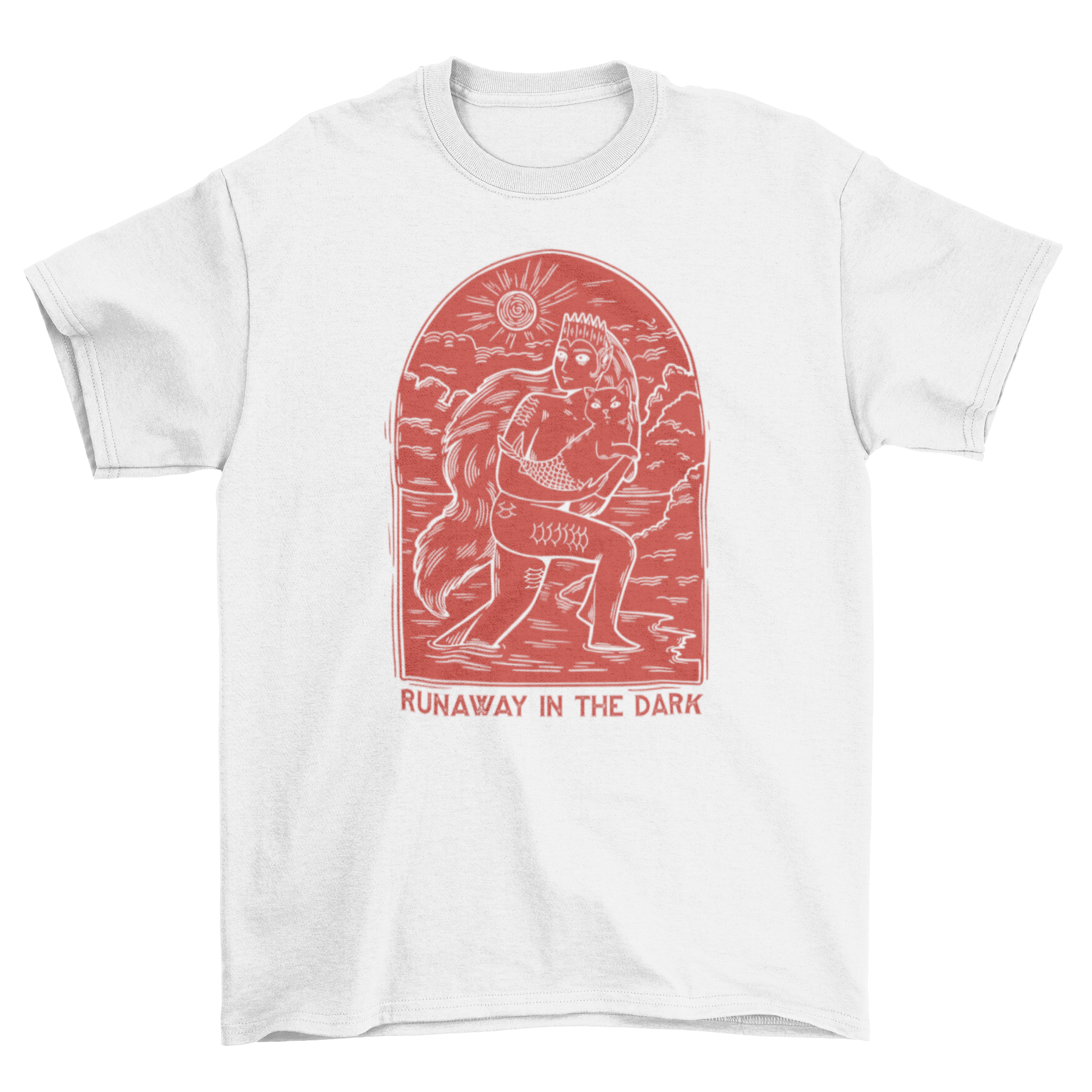 A mythic creature holding a mermaid in an engraving-style t-shirt design with the quote 'Runaway in the dark'.