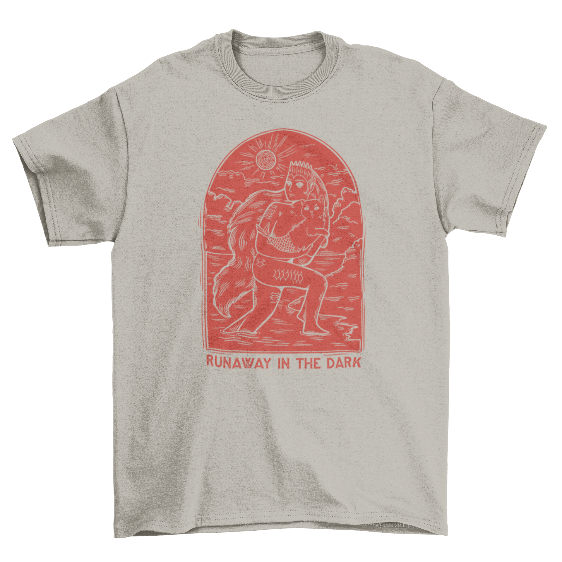 A mythic creature holding a mermaid in an engraving-style t-shirt design with the quote 'Runaway in the dark'.