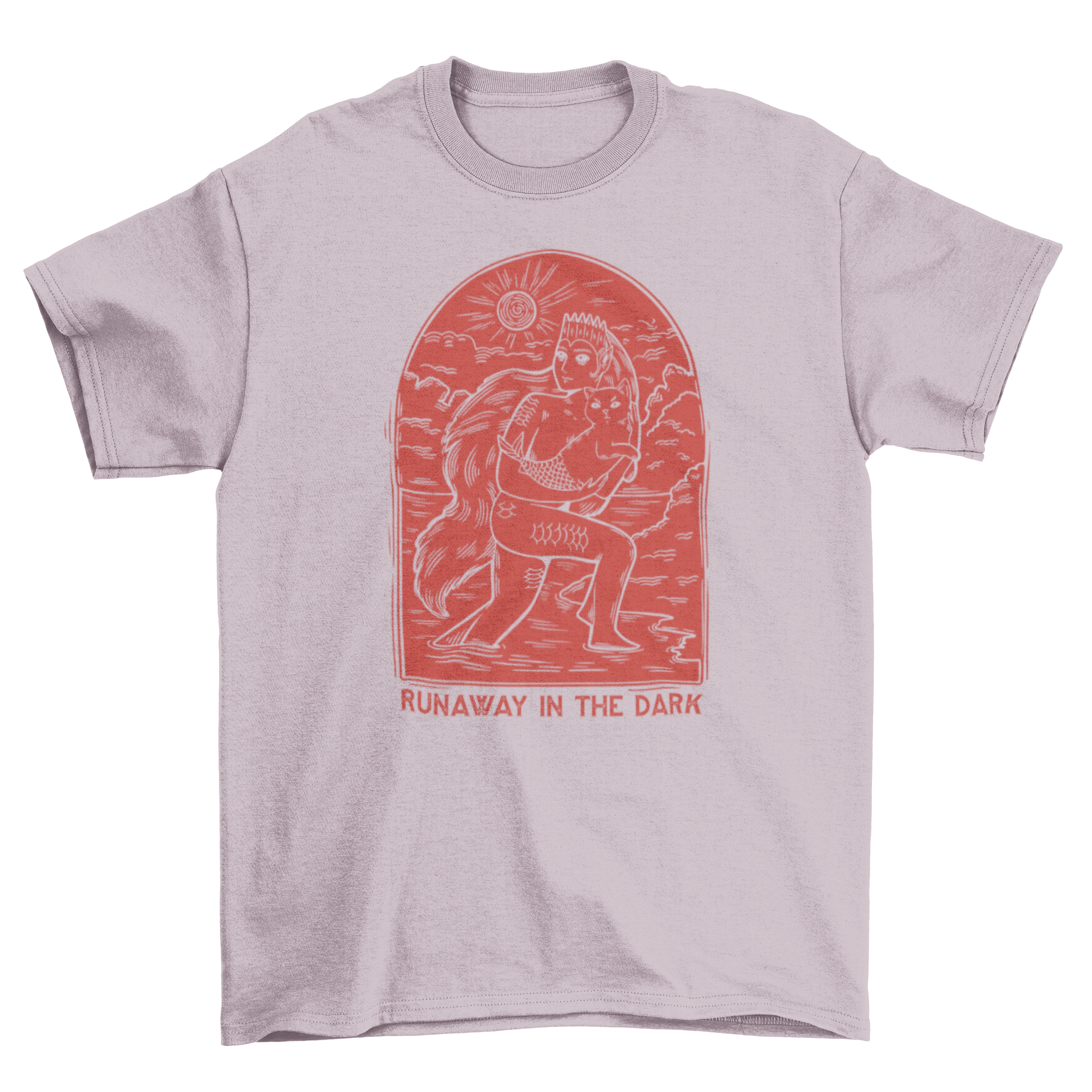 A mythic creature holding a mermaid in an engraving-style t-shirt design with the quote 'Runaway in the dark'.