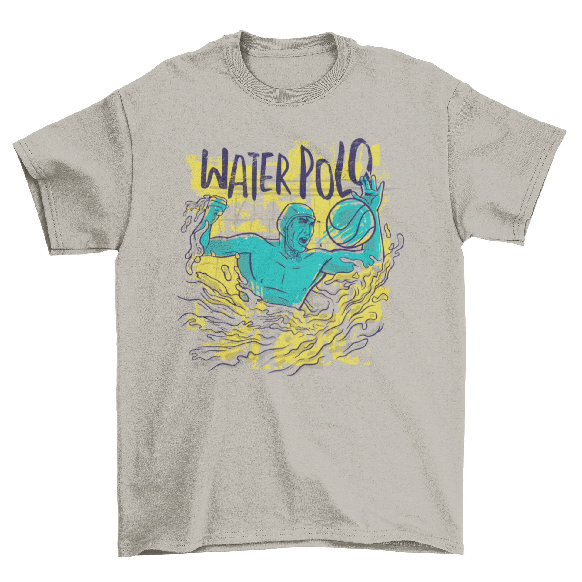 A stylish water polo sport t-shirt featuring an illustration of a water polo player in action, perfect for fans and athletes.